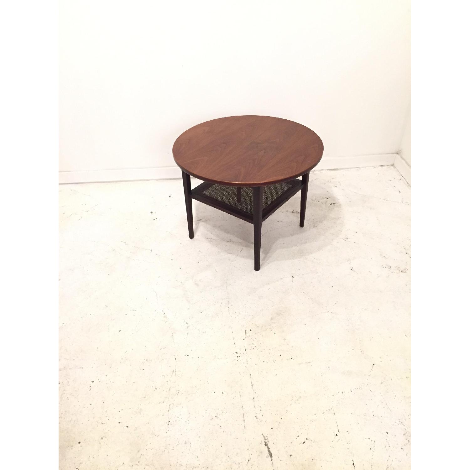 Round Mid Century Modern Walnut Coffee Table w/ Caned Shelf - image-1
