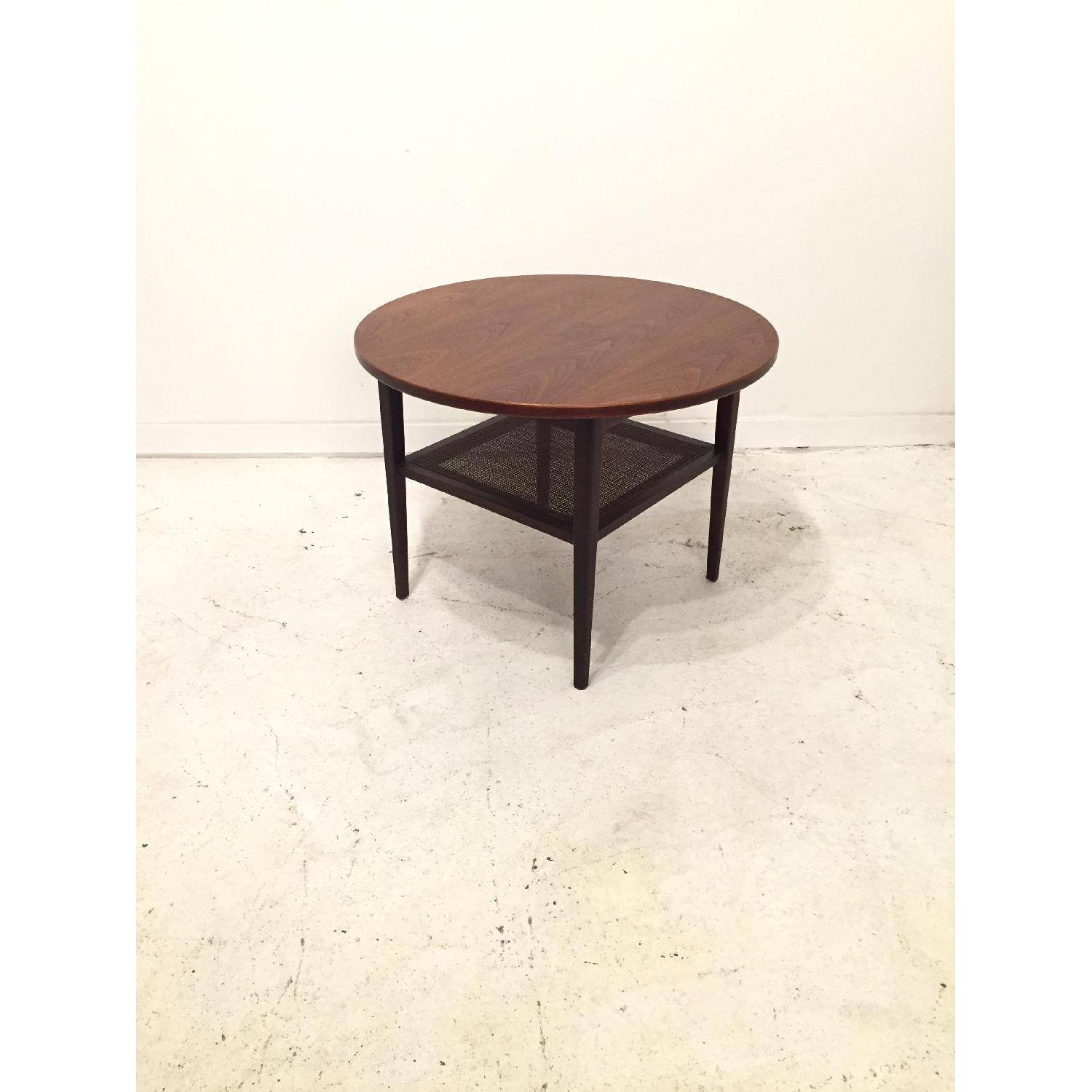 Round Mid Century Modern Walnut Coffee Table w/ Caned Shelf - image-2