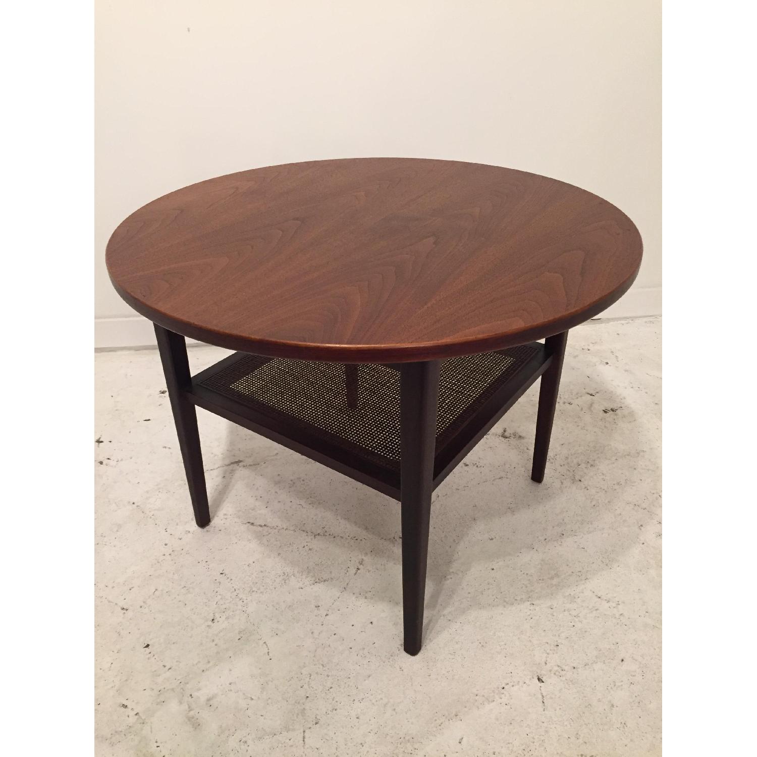 Round Mid Century Modern Walnut Coffee Table w/ Caned Shelf - image-4
