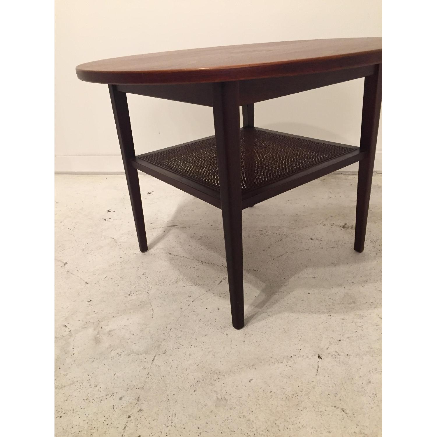 Round Mid Century Modern Walnut Coffee Table w/ Caned Shelf - image-6