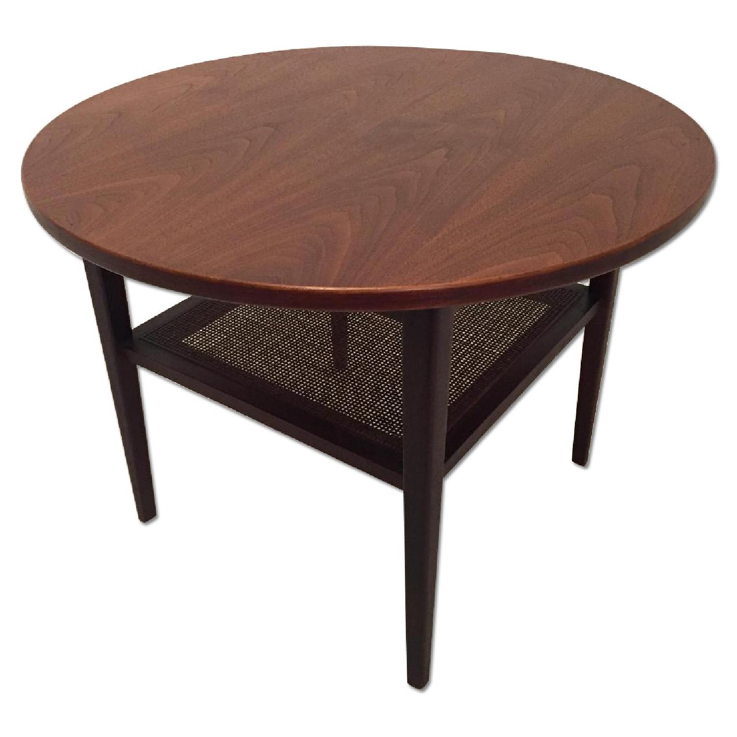 Round Mid Century Modern Walnut Coffee Table w/ Caned Shelf AptDeco