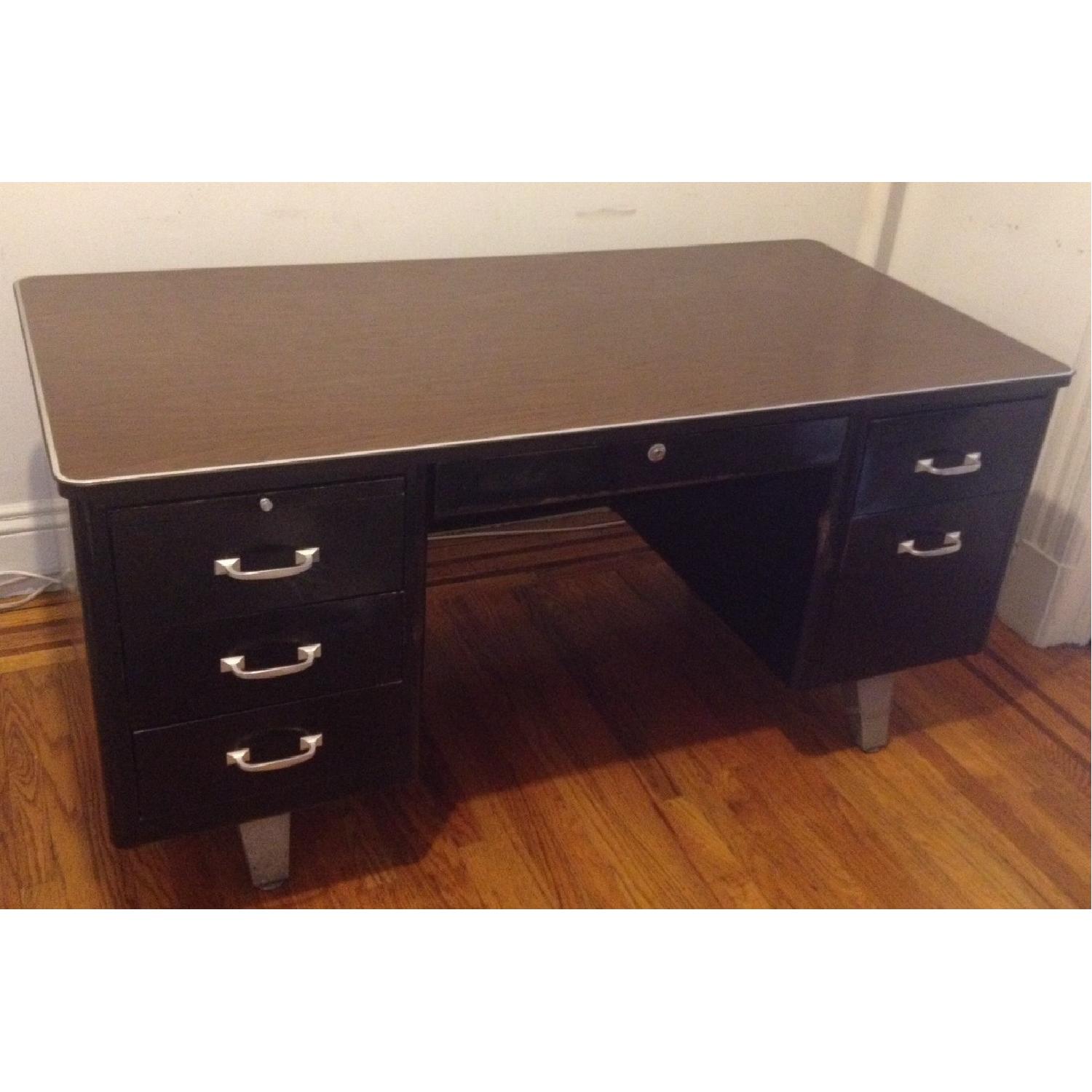 Vintage Mid Century Black Steel and Wood Tanker Desk - image-2