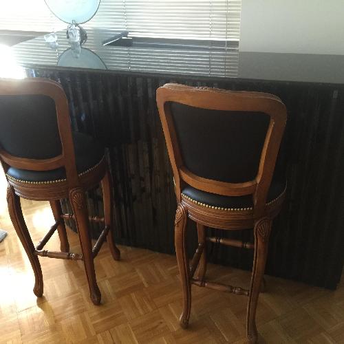 Used 6’ Black Granite Home Bar w/ Opalescent Flecks, Glass Base, Large Storage + 2 Swivel Stools for sale on AptDeco