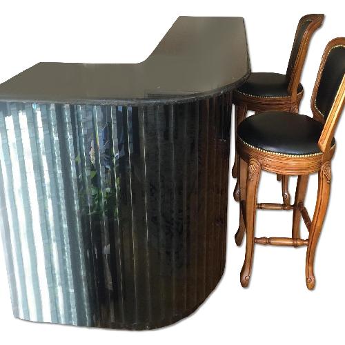 Used Luxury Black Granite Bar with Luminescent Flecks & 2 Leather Bar Stools for sale on AptDeco