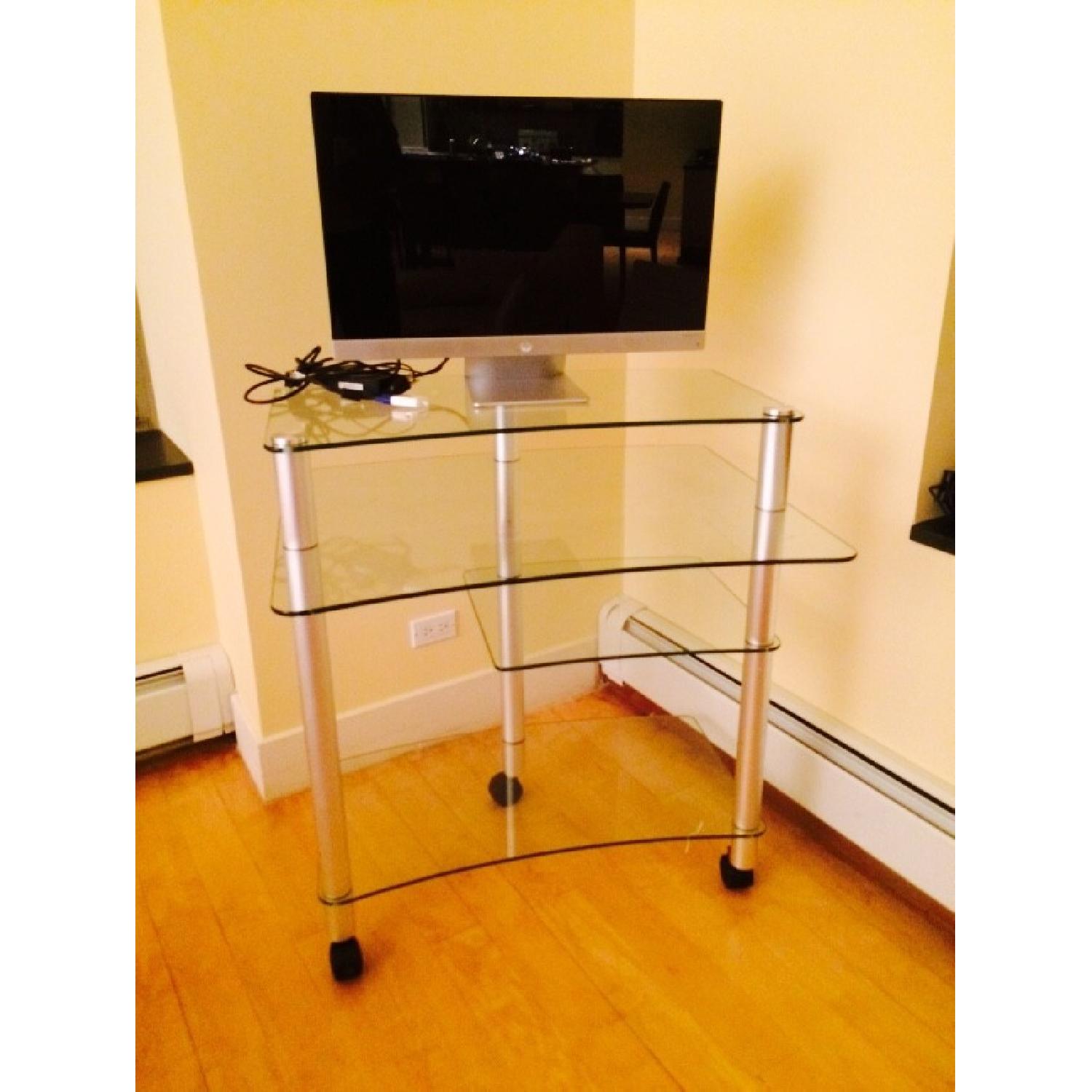 Glass and Silver Computer Table with Wheels - image-1