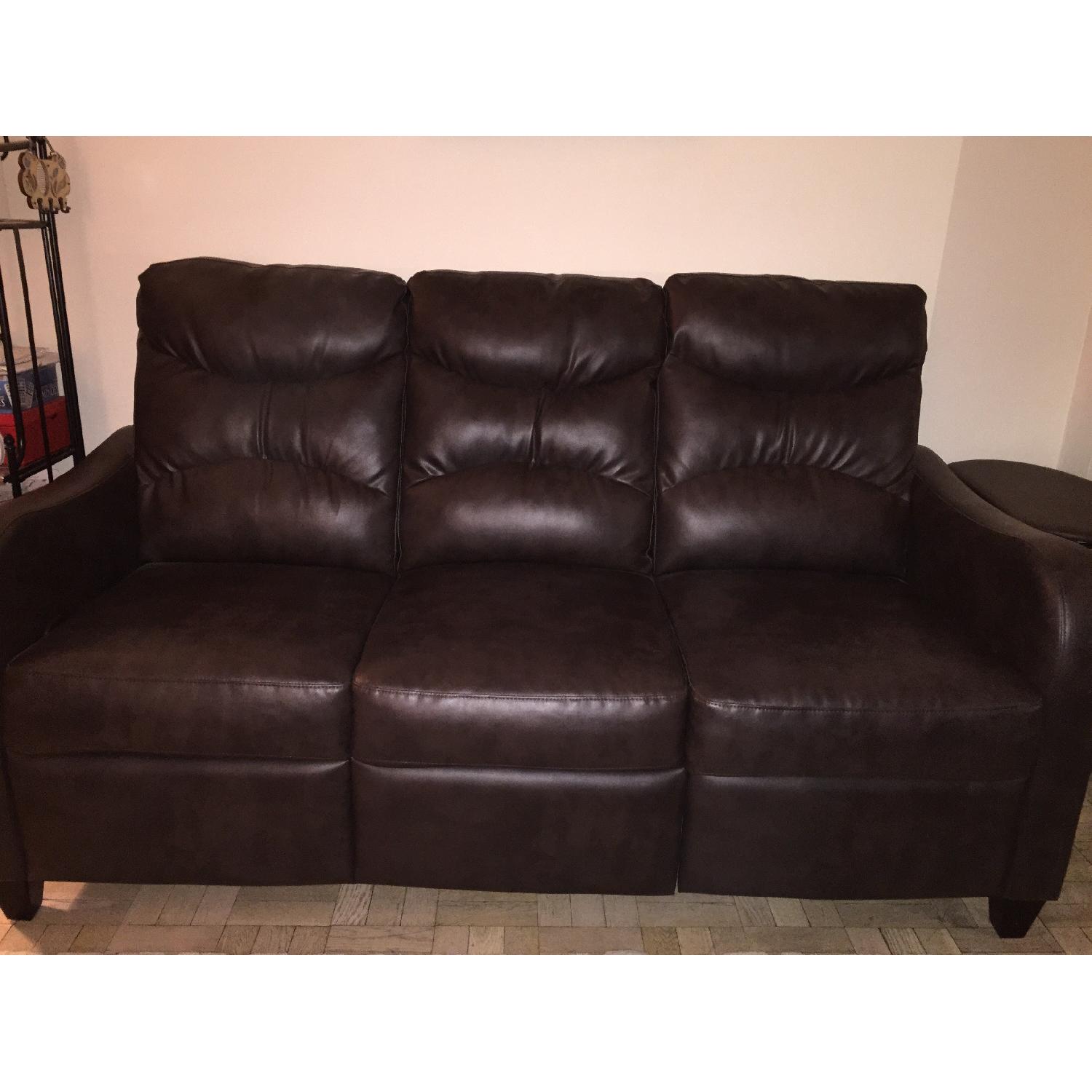 Jennifer Convertibles Brown Leather Couch w/ Reclining End Seats + Chair AptDeco