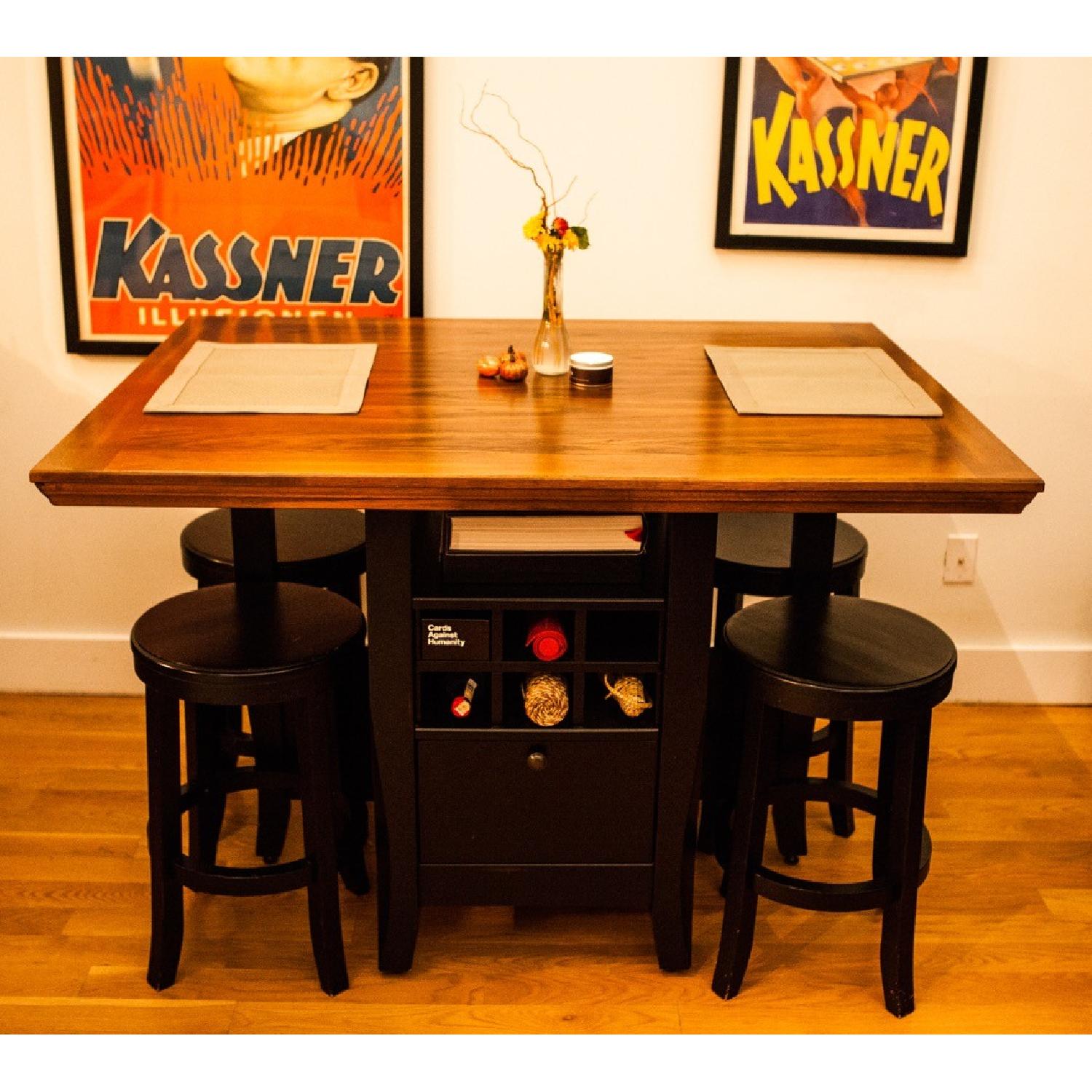 Solid Wood Dining Table w/ Storage/Wine Rack + 4 Stools - image-4