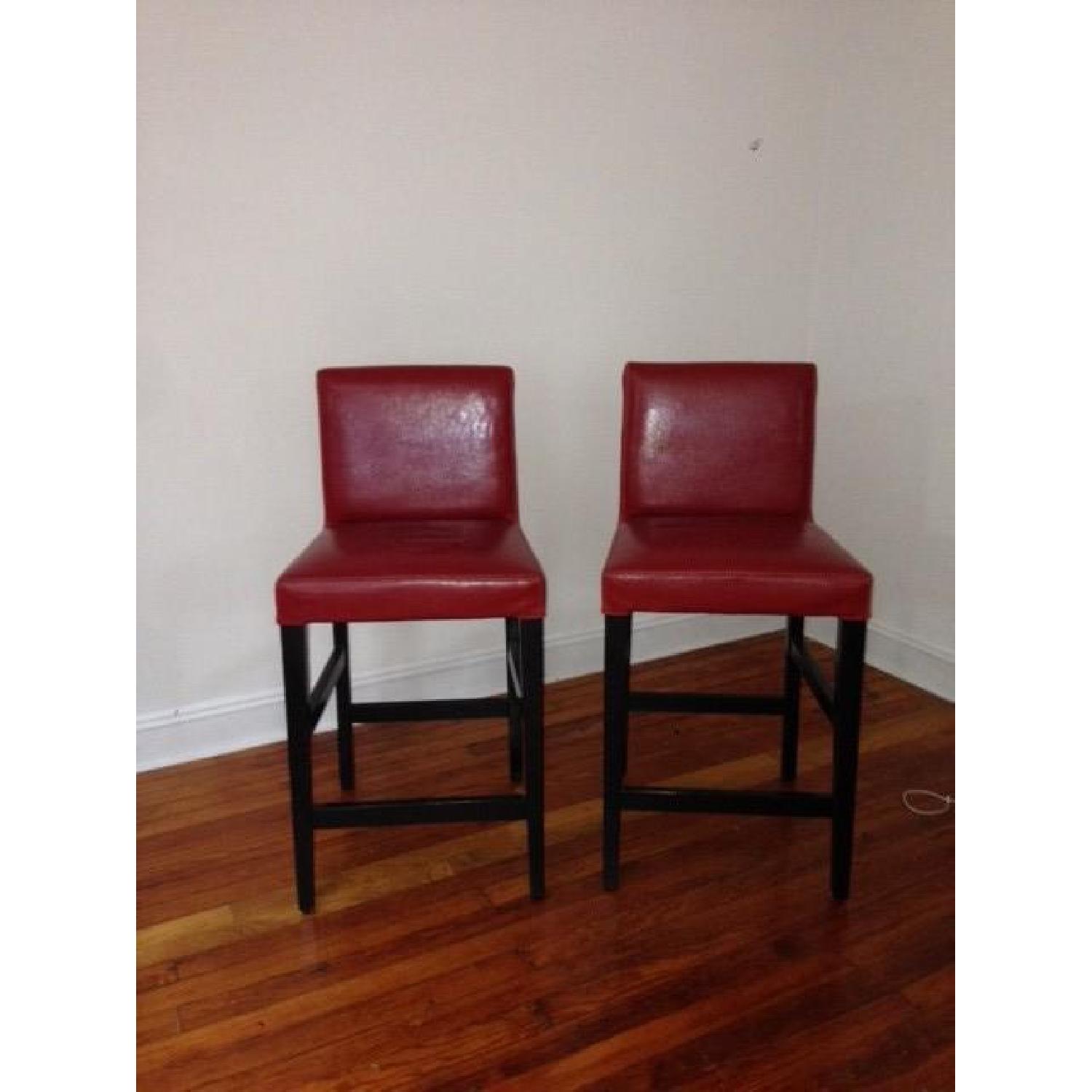 Crate & Barrel Leather Red Bar Stools - Set of 2 - image-1