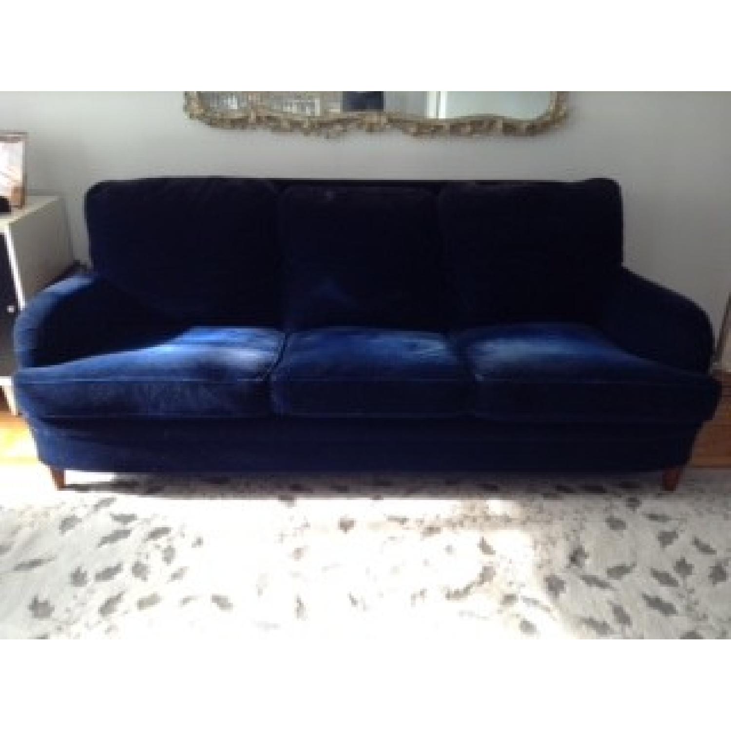 Donghia Navy Blue Mohair Sofa with Cherry Legs AptDeco