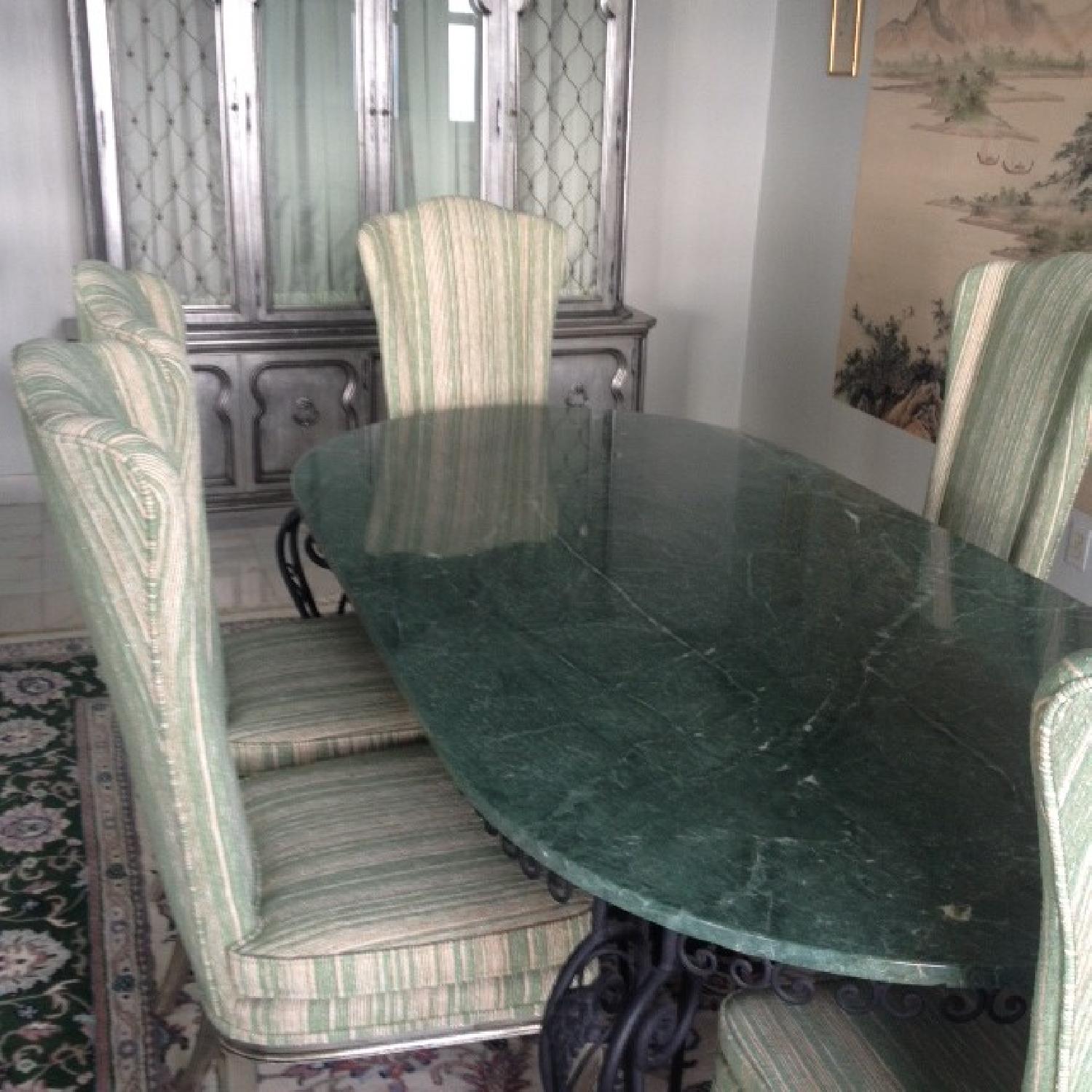 Marble Green Jade Top Dining Table w/ 6 Chairs + 2 Cabinets - image-3
