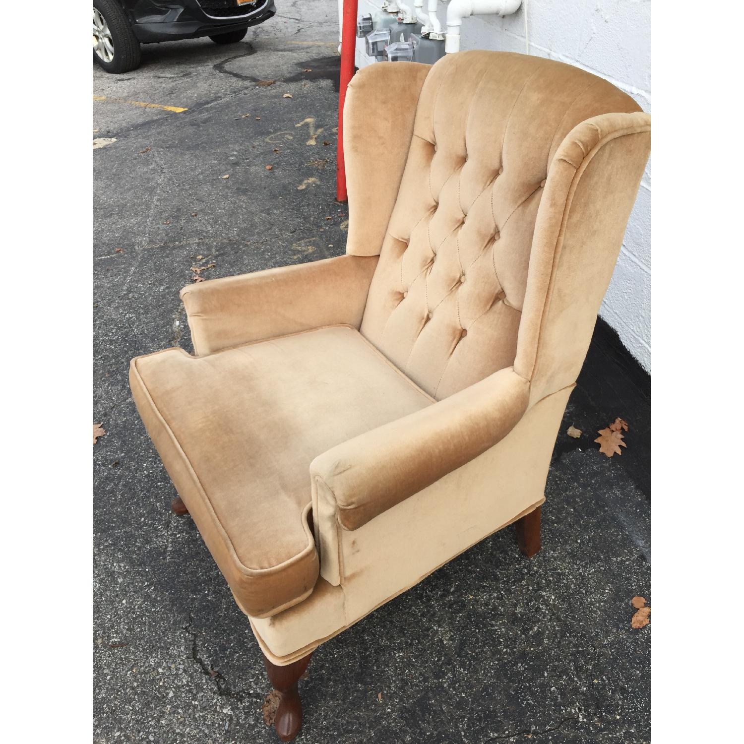Vintage Beige Upholstered Wing Back Armchair - image-3