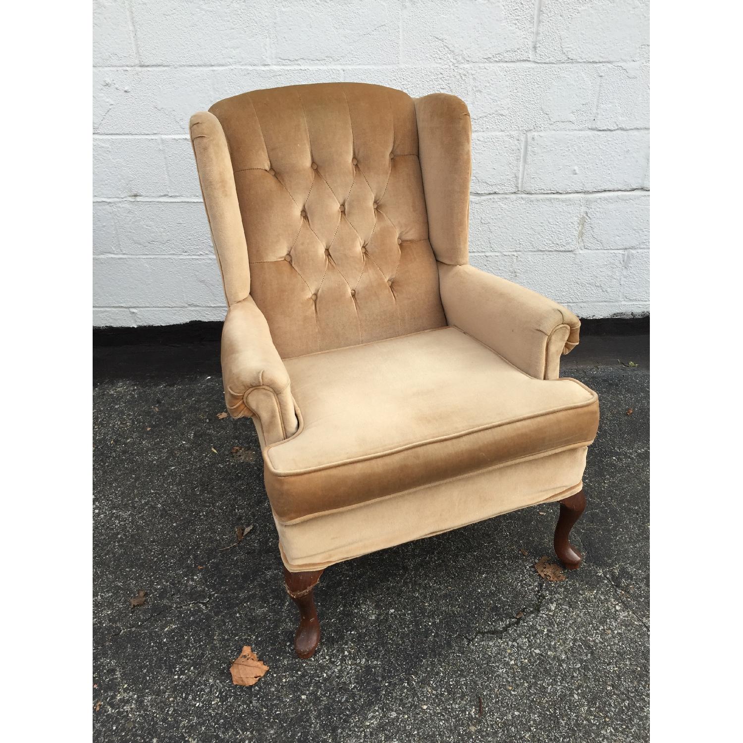 Vintage Beige Upholstered Wing Back Armchair - image-4