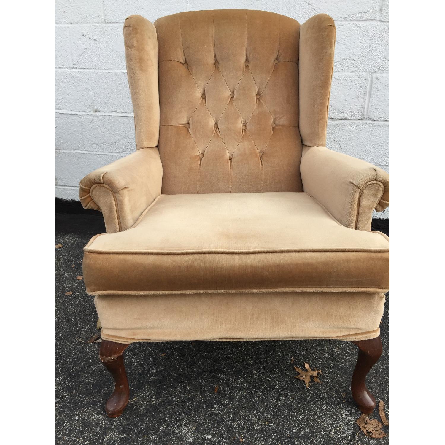 Vintage Beige Upholstered Wing Back Armchair - image-6