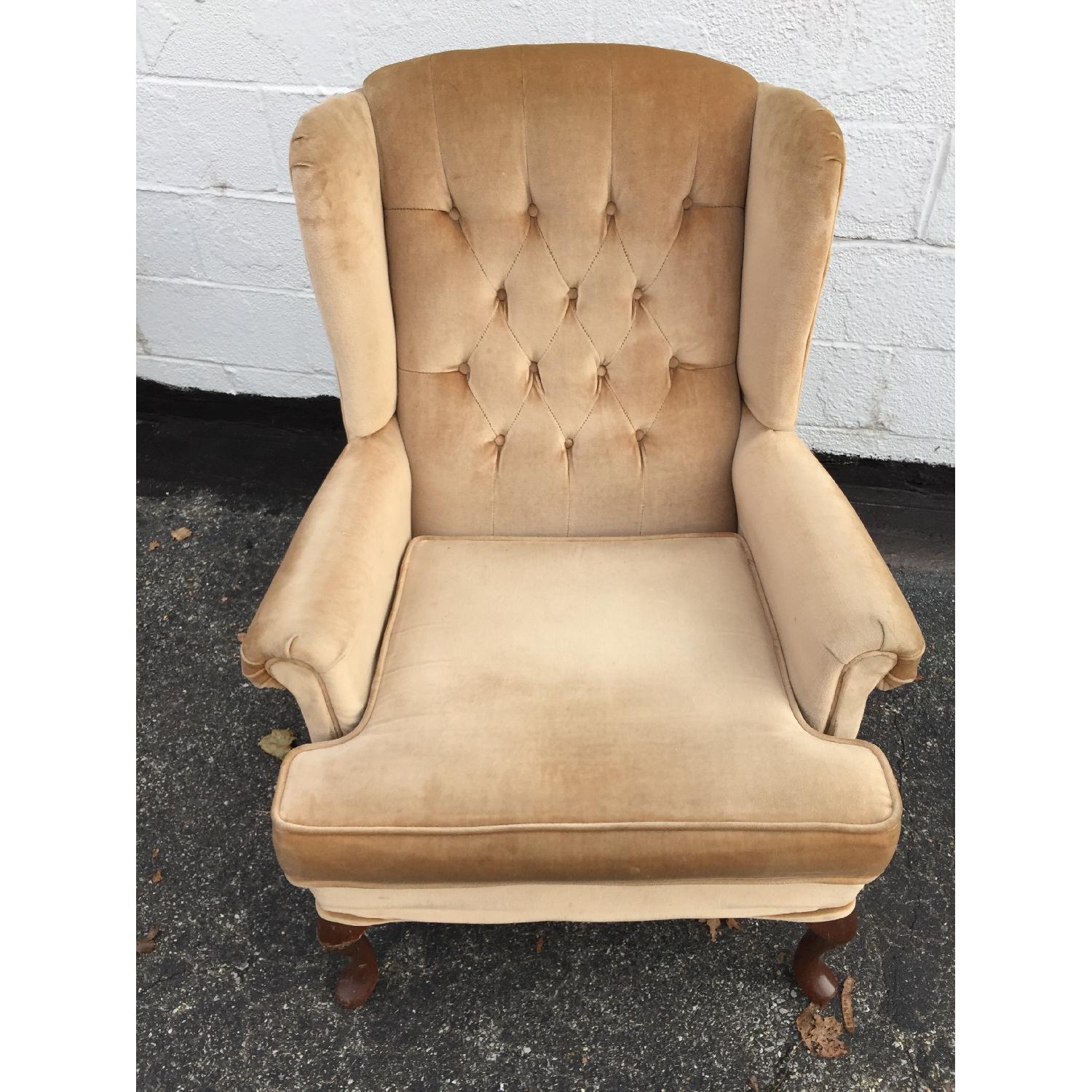 Vintage Beige Upholstered Wing Back Armchair - image-7