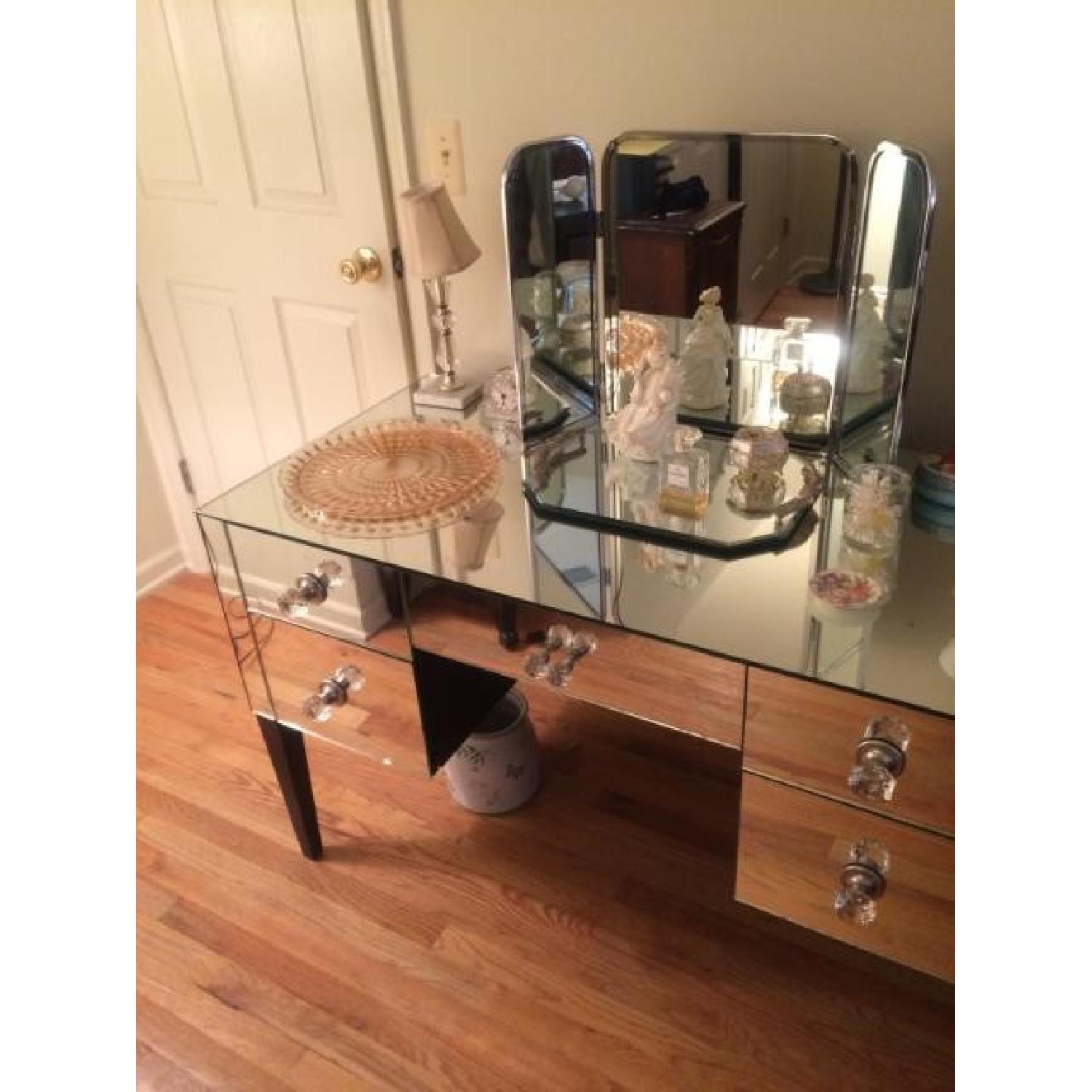 Vintage 1920's Art Deco Mirrored Dresser Vanity w/ Chair & Tri Fold Mirror - image-3