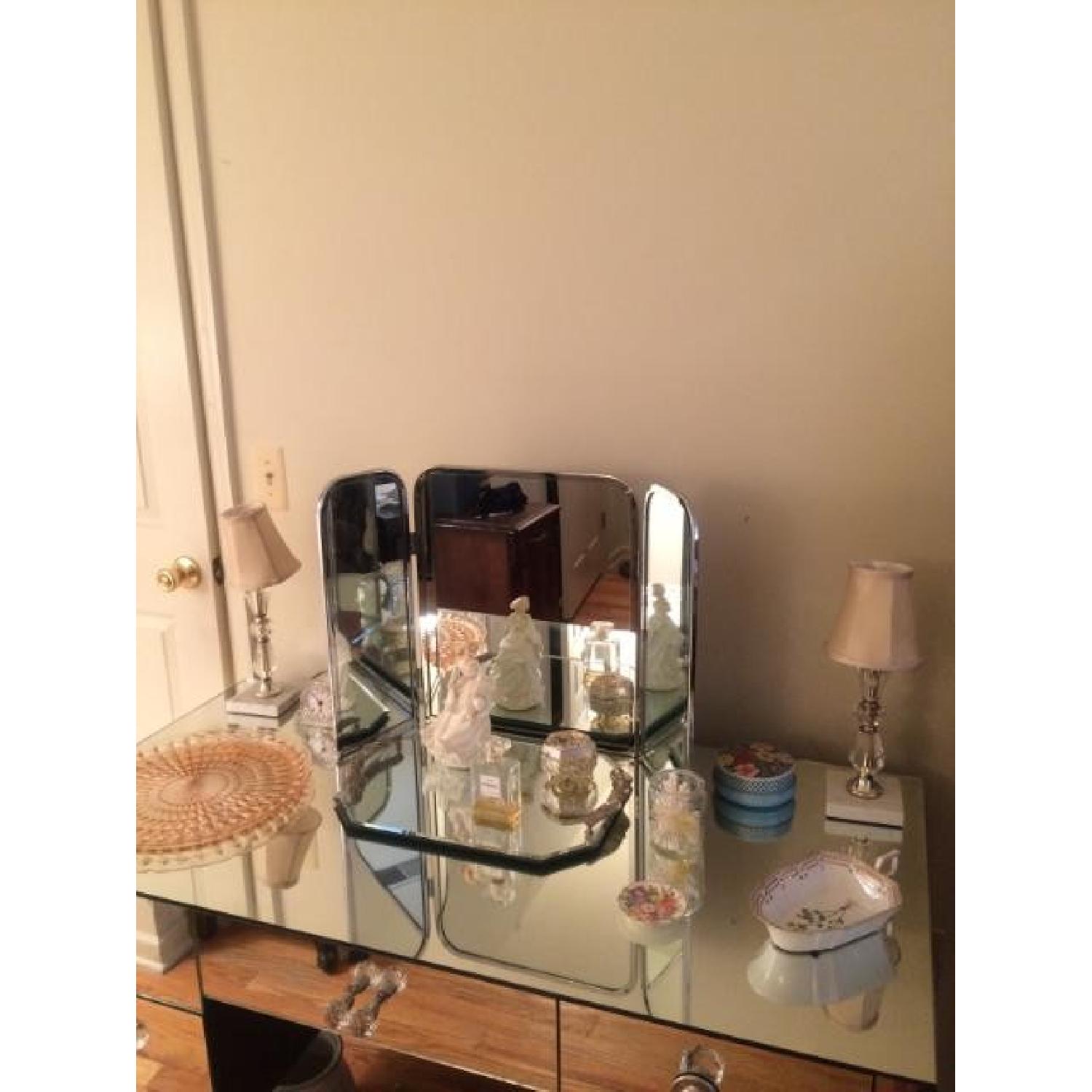 Vintage 1920's Art Deco Mirrored Dresser Vanity w/ Chair & Tri Fold Mirror - image-4