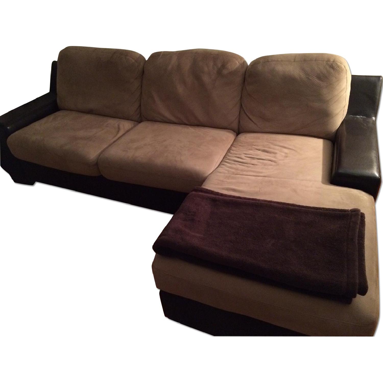 Jennifer Convertibles Beige Microfiber Sectional with Leather Sides - image-0