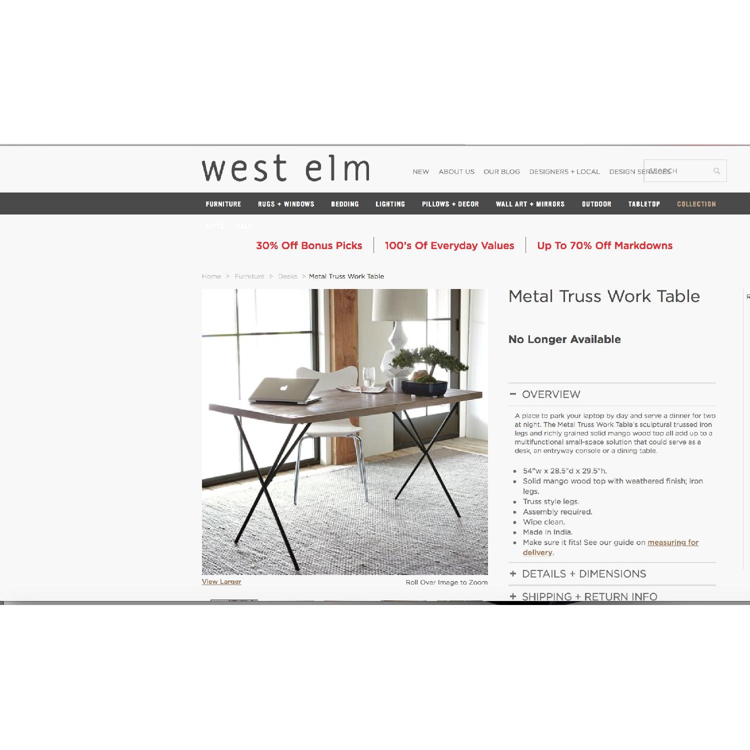 West Elm Solid Wood Metal Truss Work Table/Desk - image-5