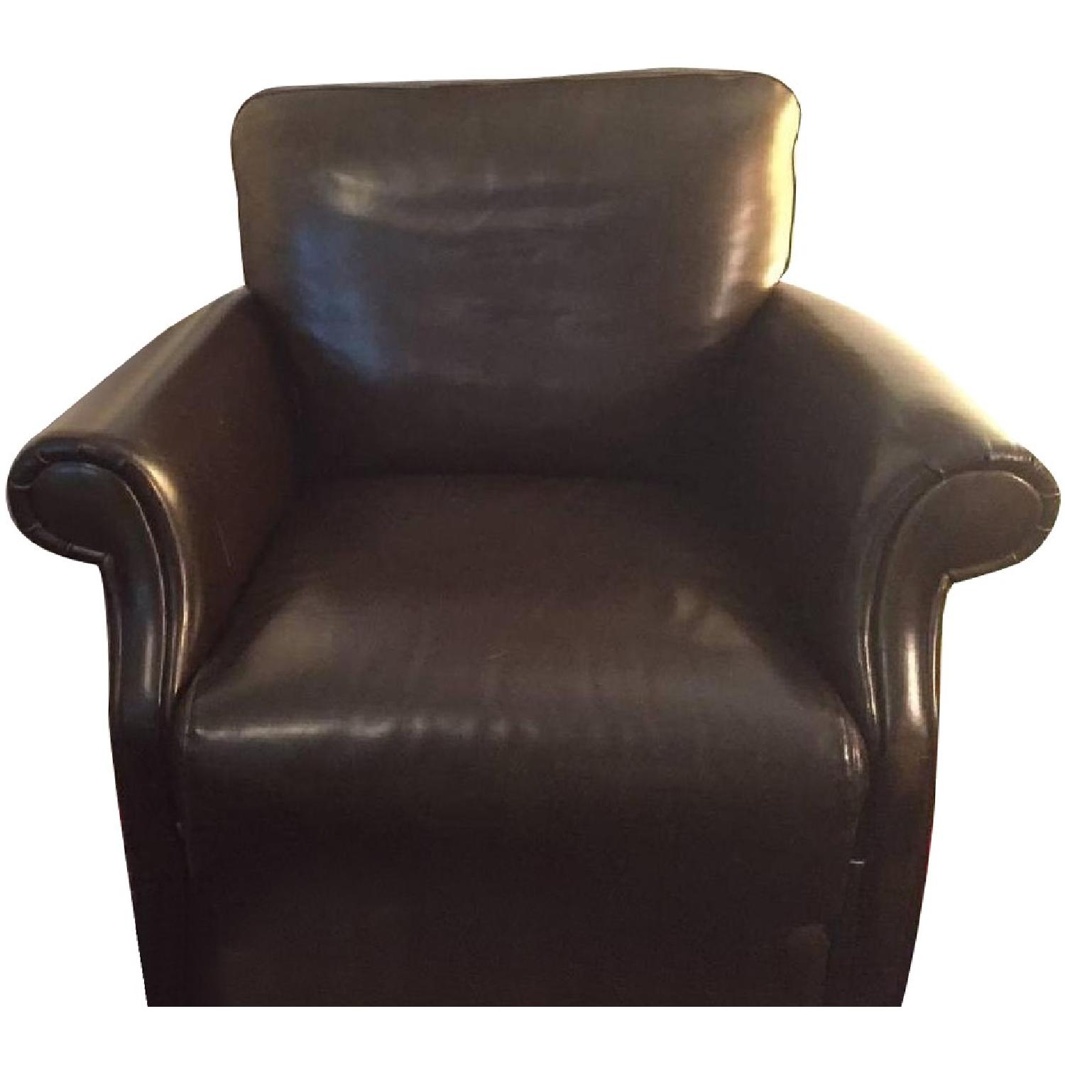 Raymour & Flanigan Brown Leather Armchair w/ Roll Arms AptDeco