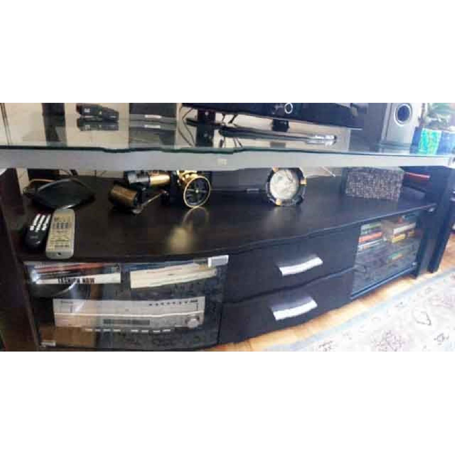 Large Wood TV Stand w/ Glass Top & Shelves - image-1