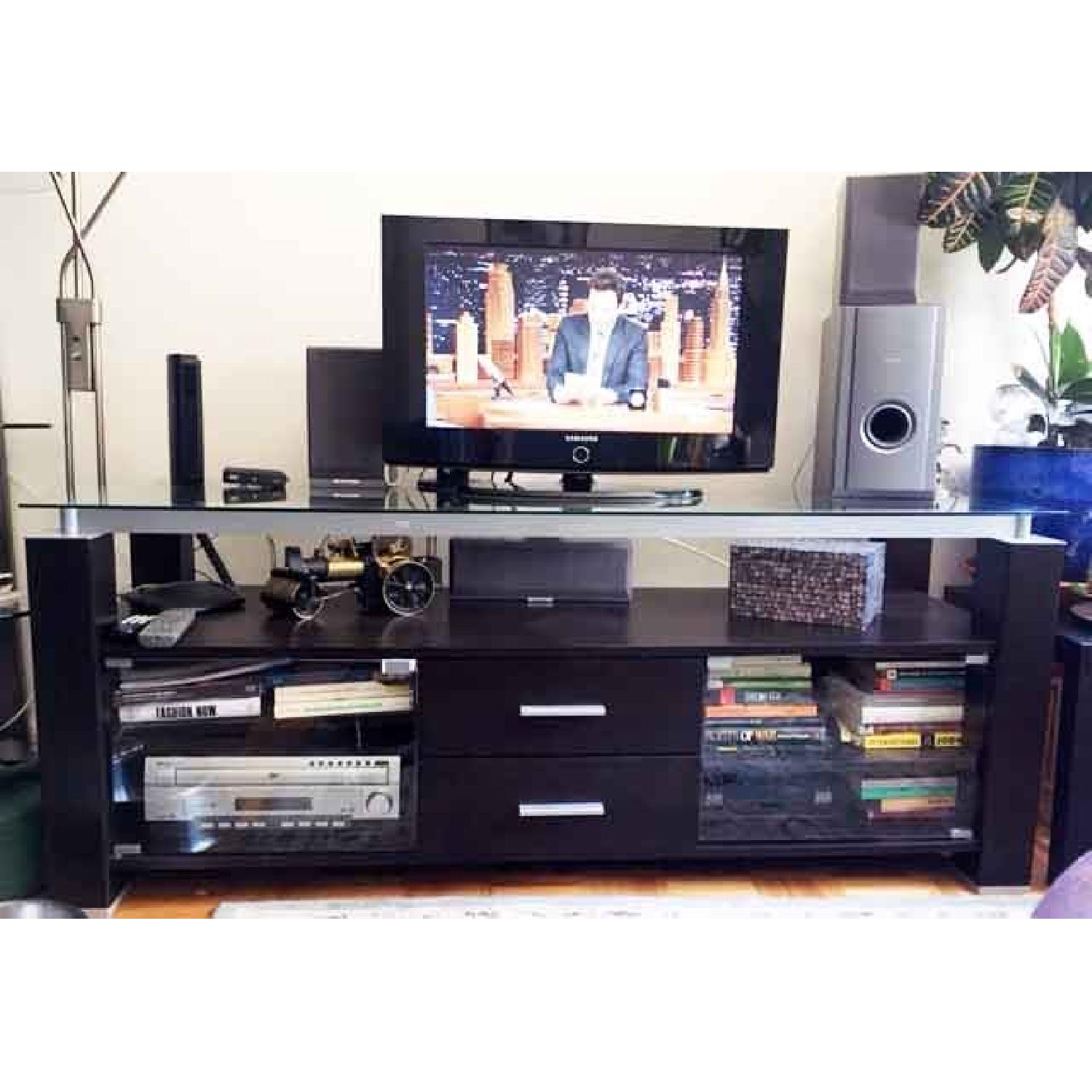 Large Wood TV Stand w/ Glass Top & Shelves AptDeco