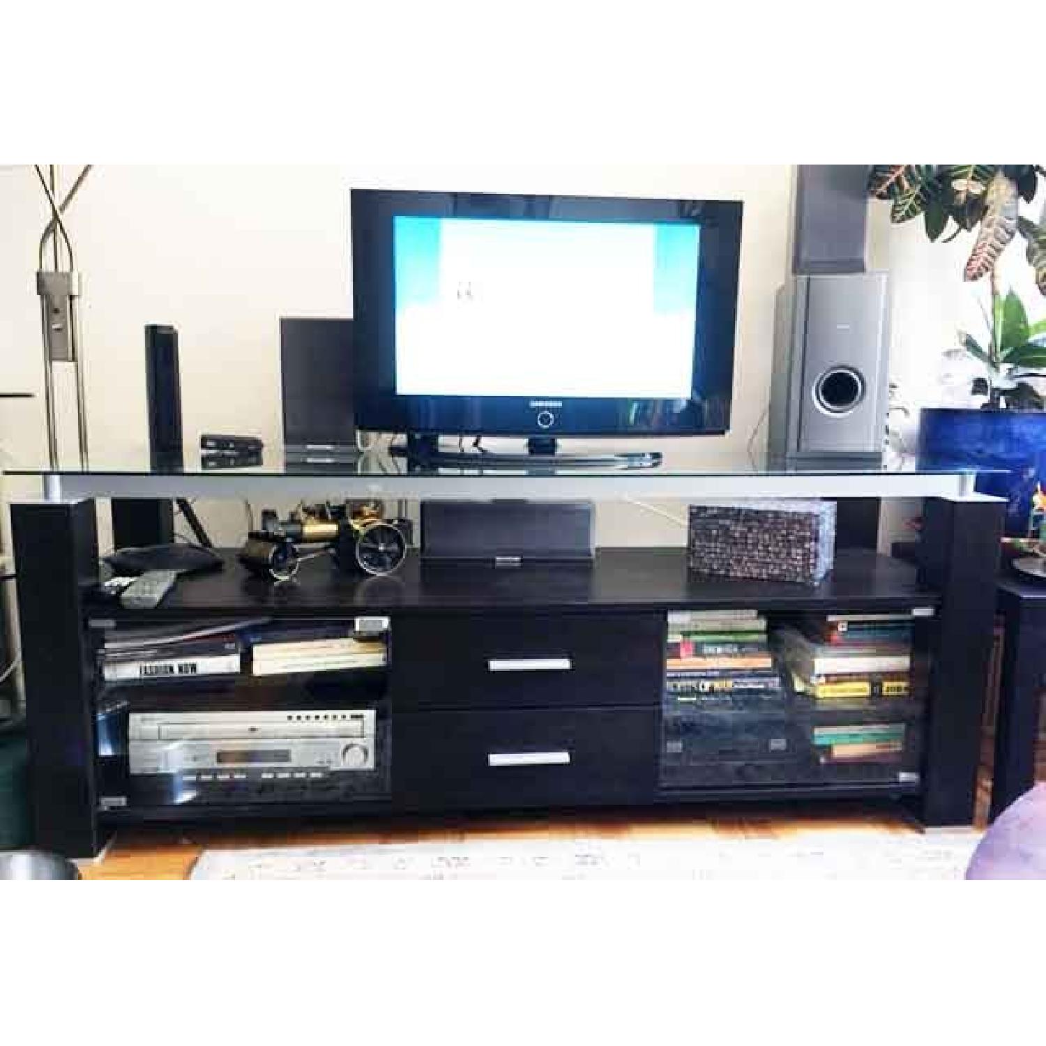 Large Wood TV Stand w/ Glass Top & Shelves - image-3