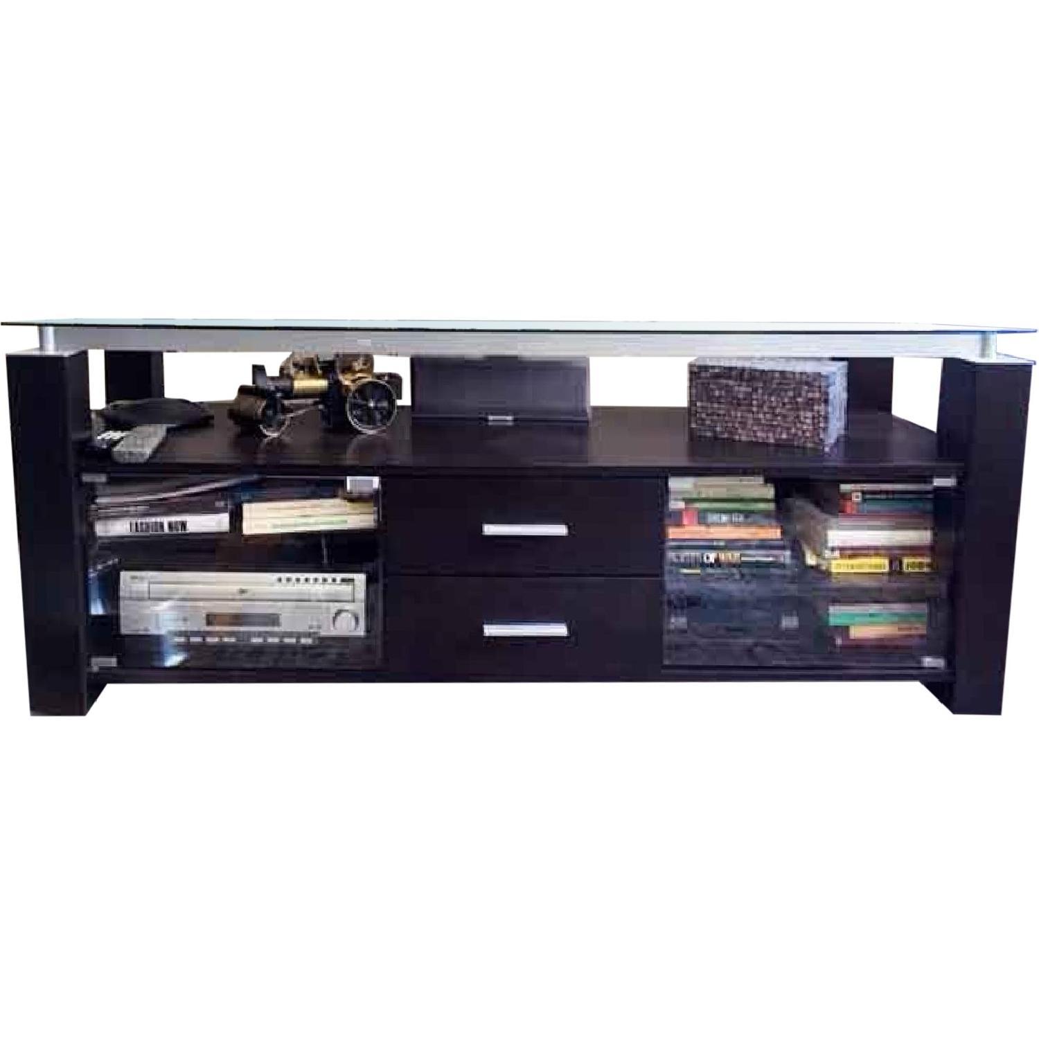 Large Wood TV Stand w/ Glass Top & Shelves AptDeco
