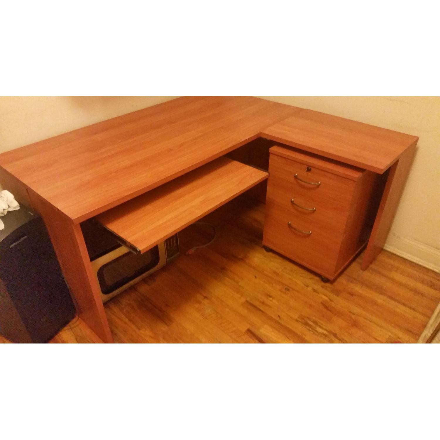 Steelcase Cherry L-Shaped Desk & File Cabinet - image-3