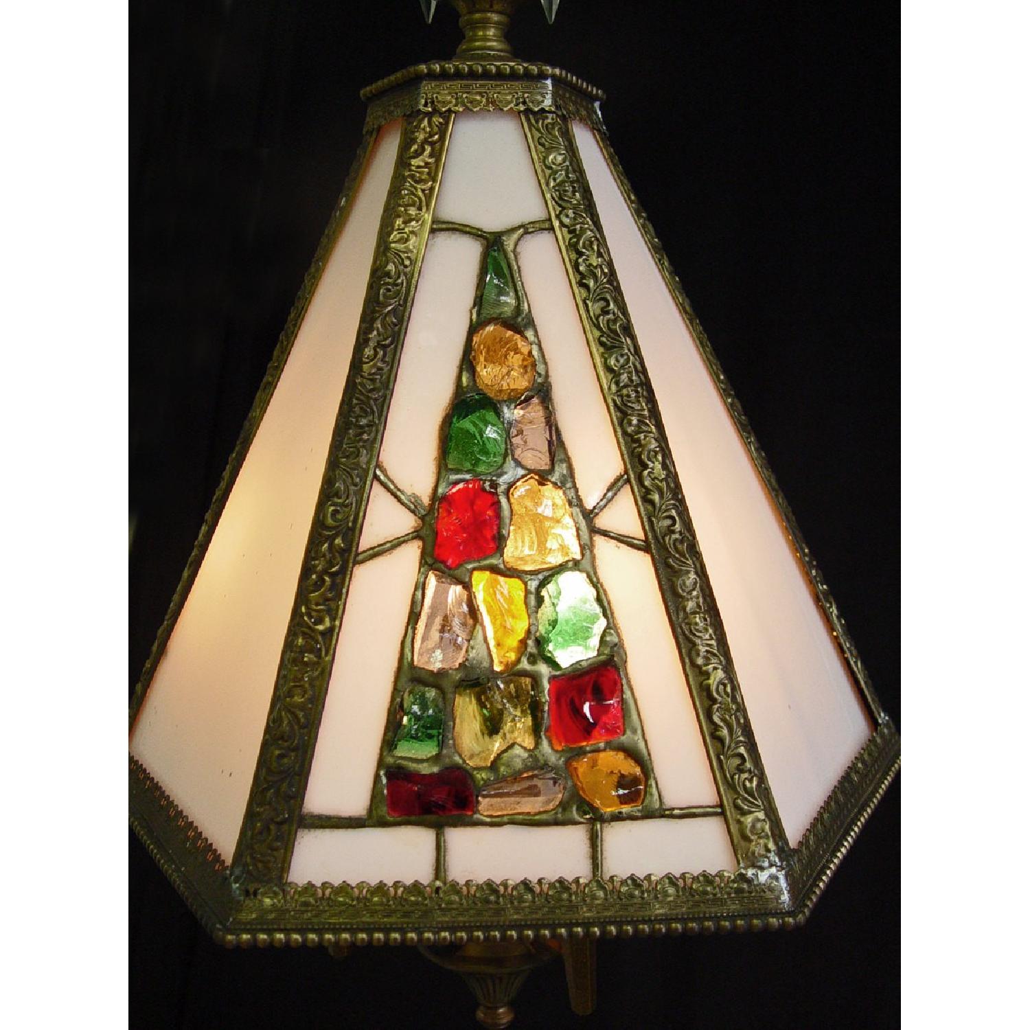 Vintage Stained Glass 3 Light Brass & Crystal Chandelier AptDeco