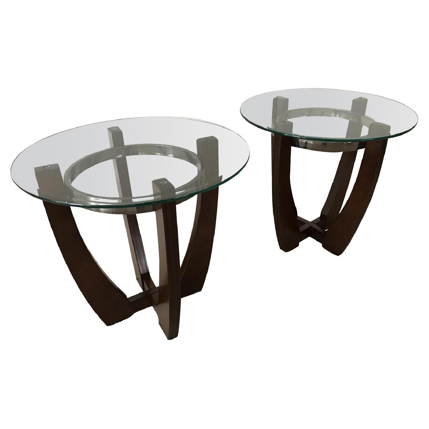 Rooms To Go Round Mocha Brown Wood & Nickel Finish Glass Side Tables