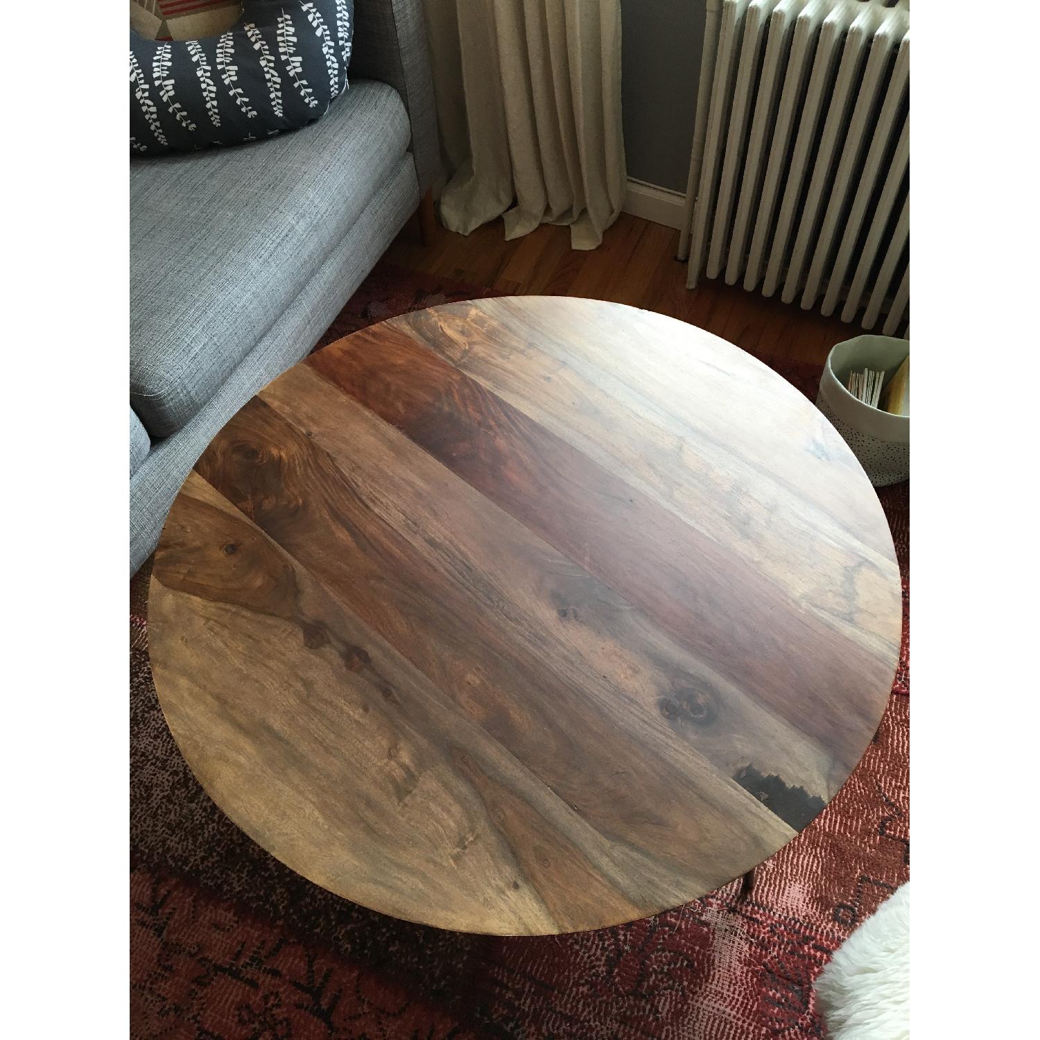 Crate & Barrel Walnut & Brass Round Coffee Table - image-1