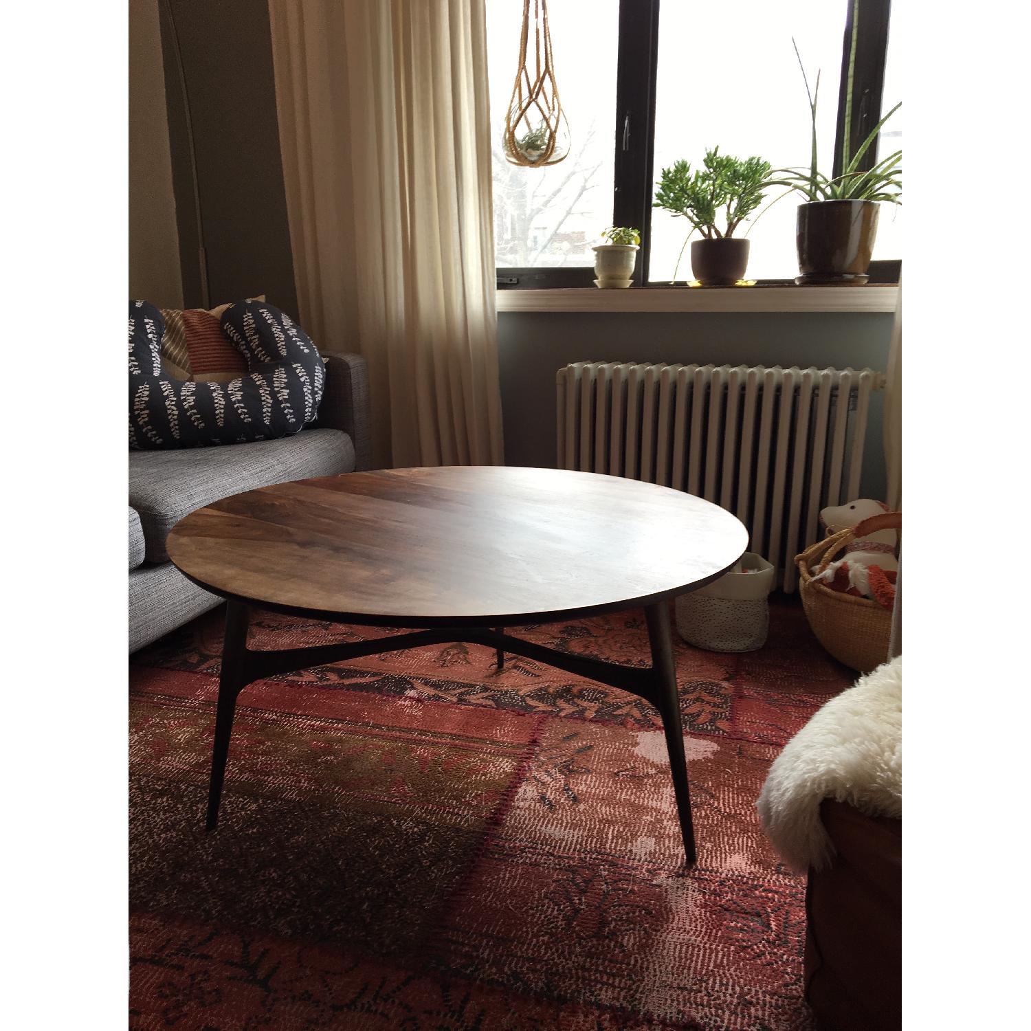 Crate & Barrel Walnut & Brass Round Coffee Table - image-4