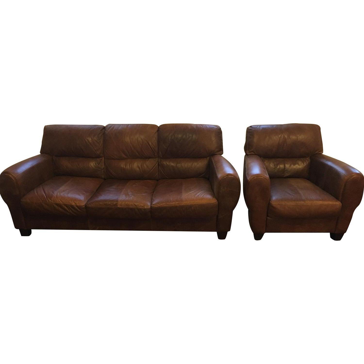 Brown Leather 3 Seat Sofa + Matching Arm Chair AptDeco