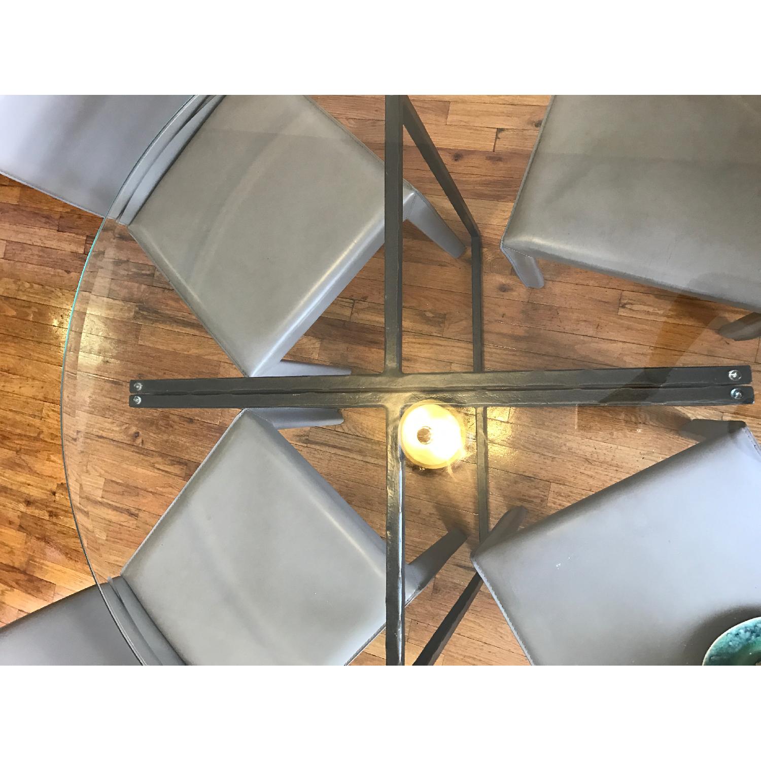 Crate & Barrel Glass Round Dining Table w/ 4 Leather Chairs - image-3