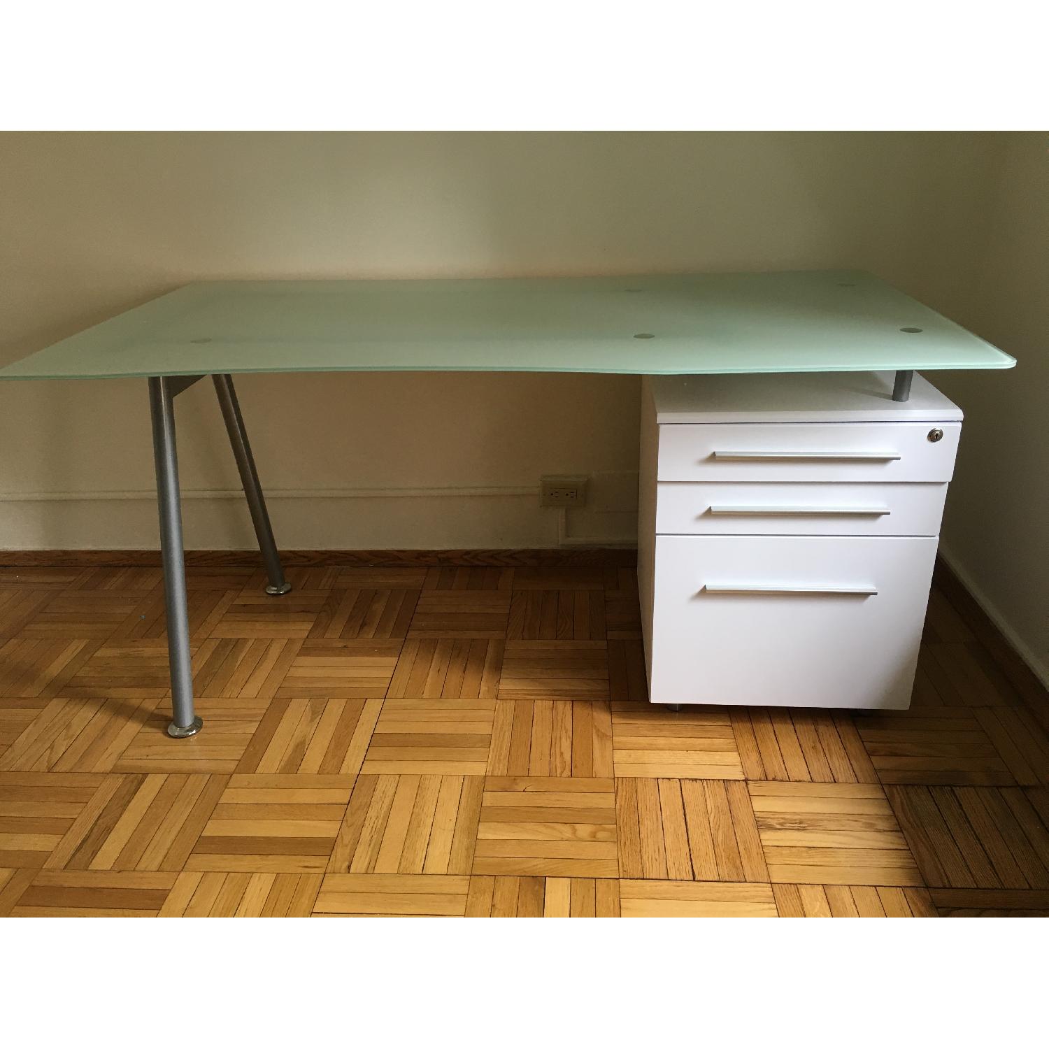 White Computer Desk w/ Glass Top & Three Drawer Pedestal - image-2