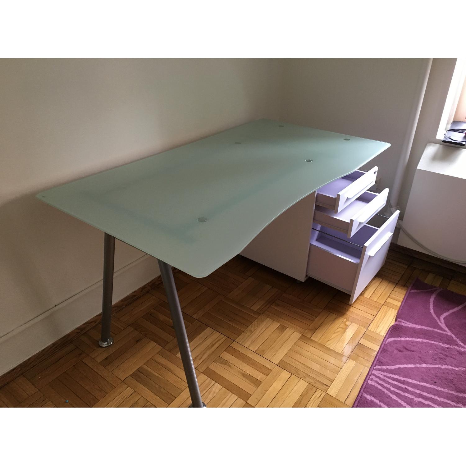 White Computer Desk w/ Glass Top & Three Drawer Pedestal - image-5