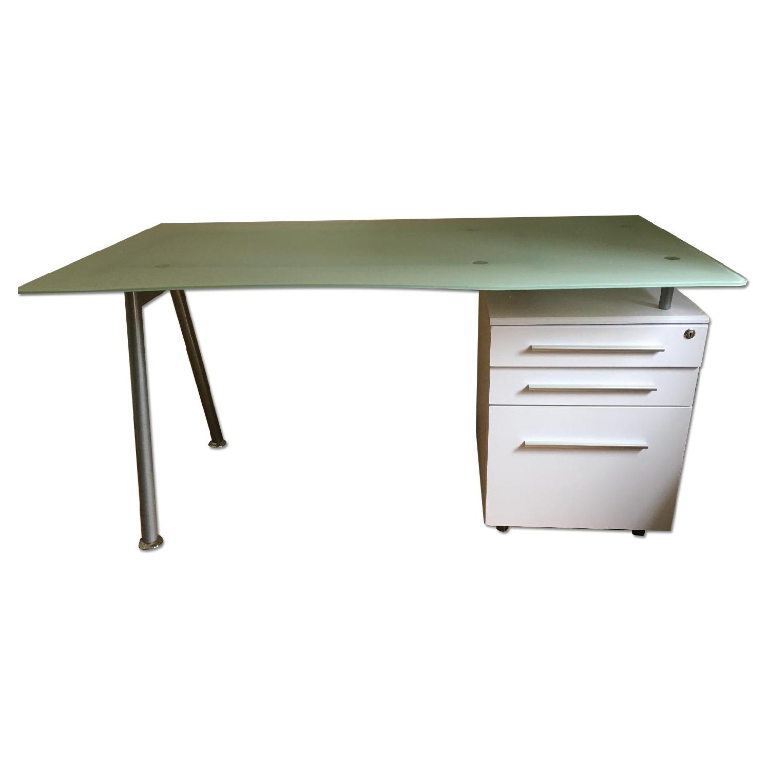 White Computer Desk w/ Glass Top & Three Drawer Pedestal AptDeco