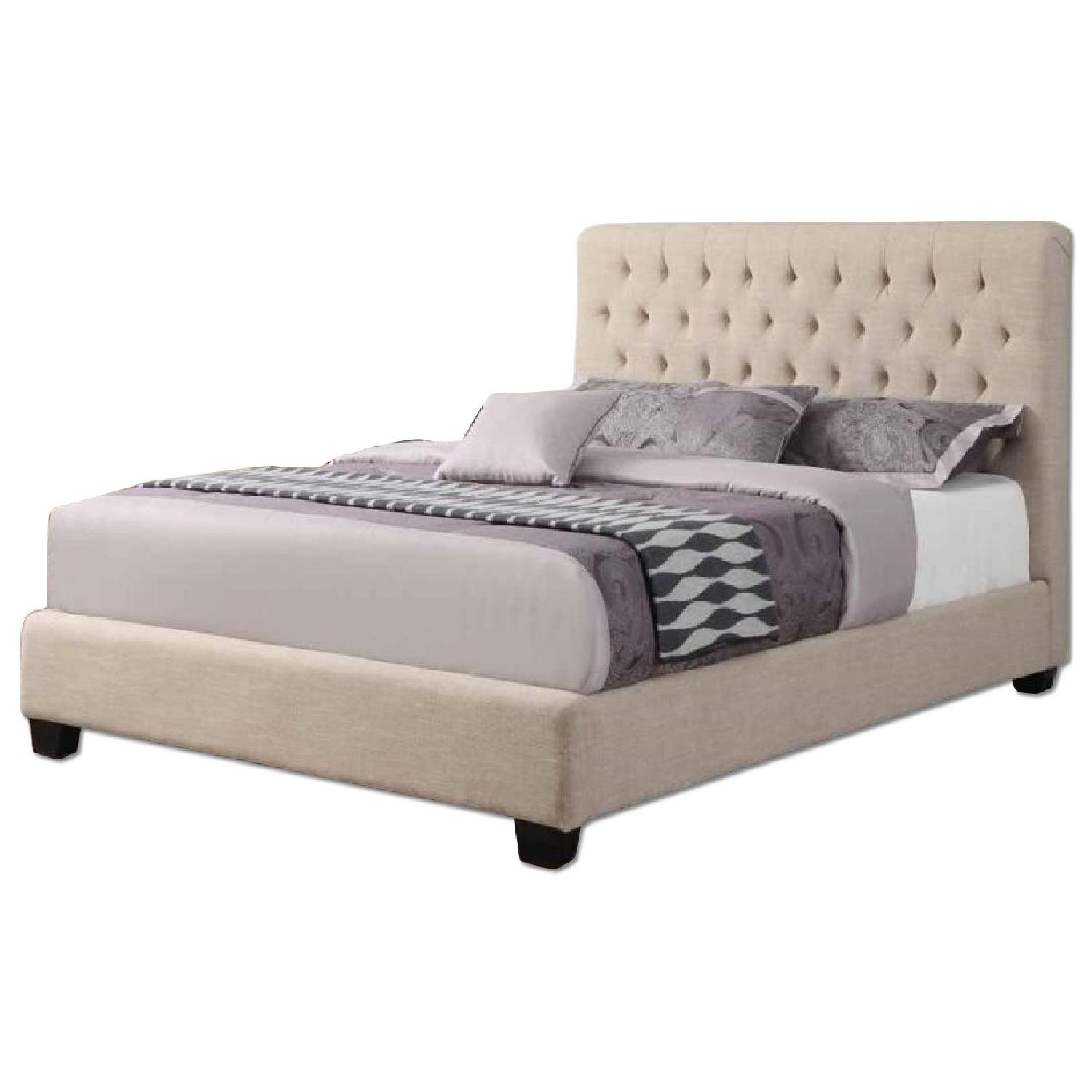 Modern Full Size Fabric Upholstered Bed w/ Tufted Headboard in Oak Meal