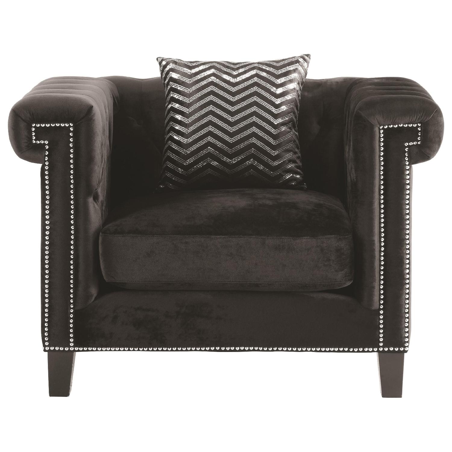Modern Arm Chair W Greek Key Nailhead Trim Design Tufted Back Feather Blend Cushions In Black Velvet Fabric Accent Pillow Aptdeco