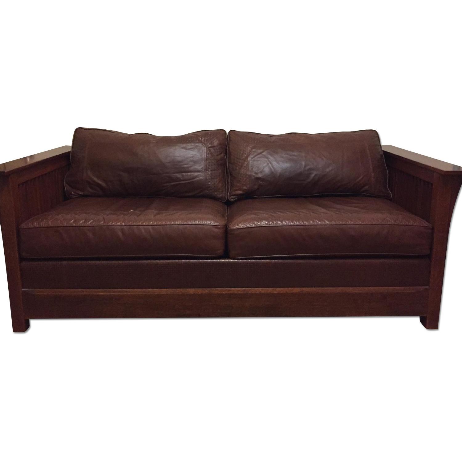 Stickley Leather Sofa Bed w/ Wood Finish AptDeco