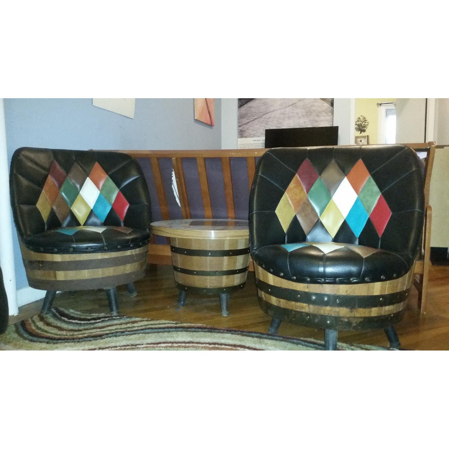 Vintage Leather Whiskey Barrel 5 Piece Living Room Furniture - image-9