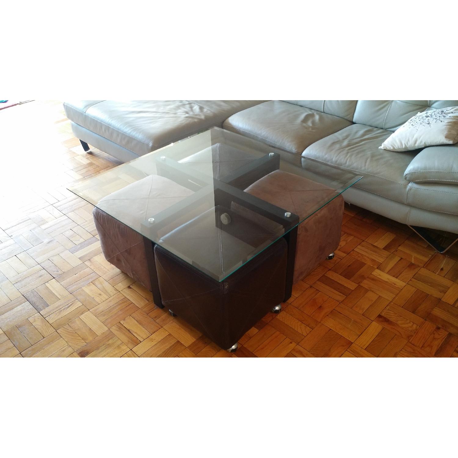 Metal Base/Glass Top Cocktail Table w/ 4 Slide-in Ottomans - image-1