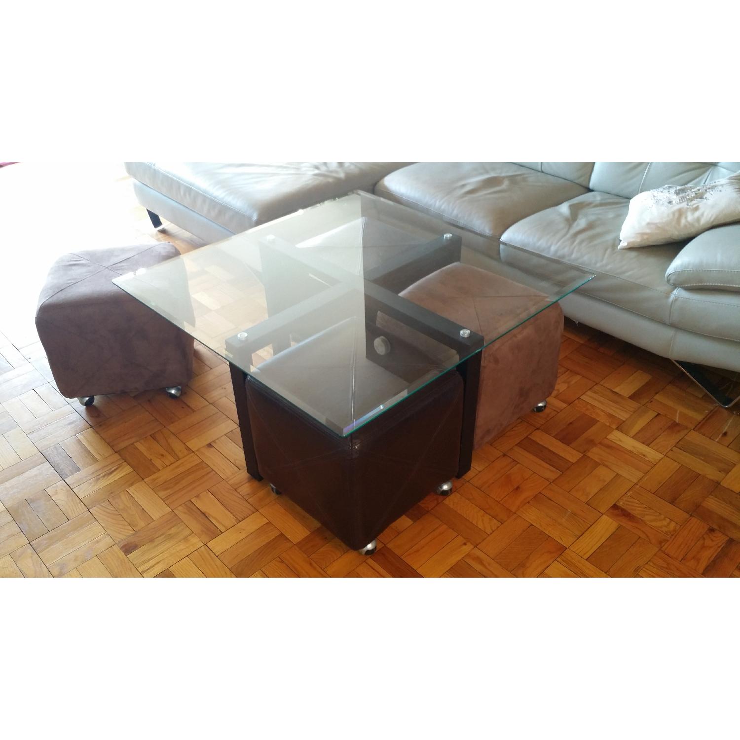 Metal Base/Glass Top Cocktail Table w/ 4 Slide-in Ottomans - image-3