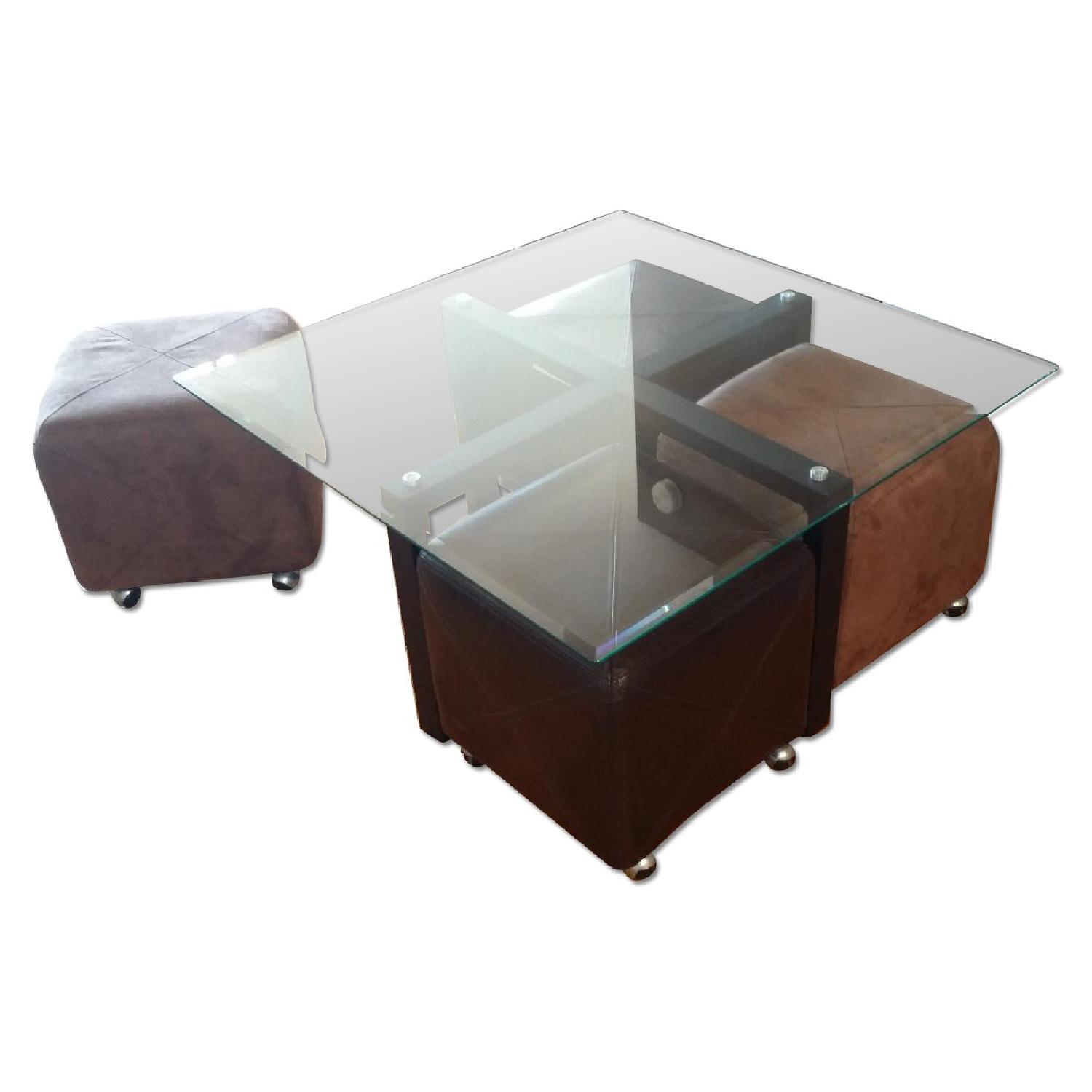 Metal Base/Glass Top Cocktail Table w/ 4 Slide-in Ottomans - image-0