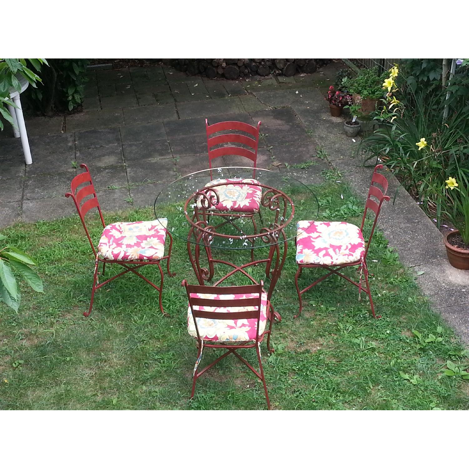 Pier 1 Imports Red Scroll Metal Base/Glass Top w/ 4 Matching Red Scroll Chairs - image-1