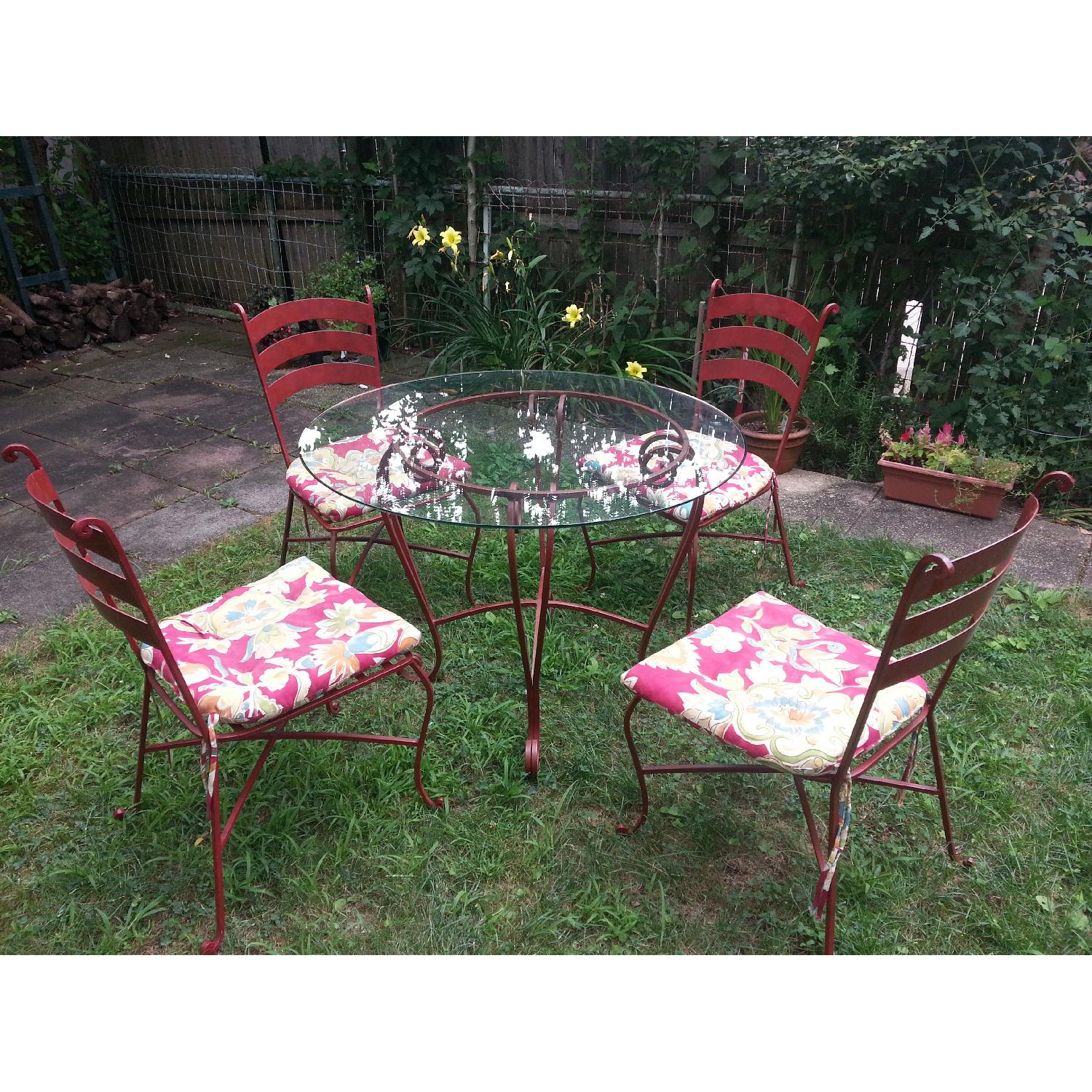 Pier 1 Imports Red Scroll Metal Base/Glass Top w/ 4 Matching Red Scroll Chairs - image-3