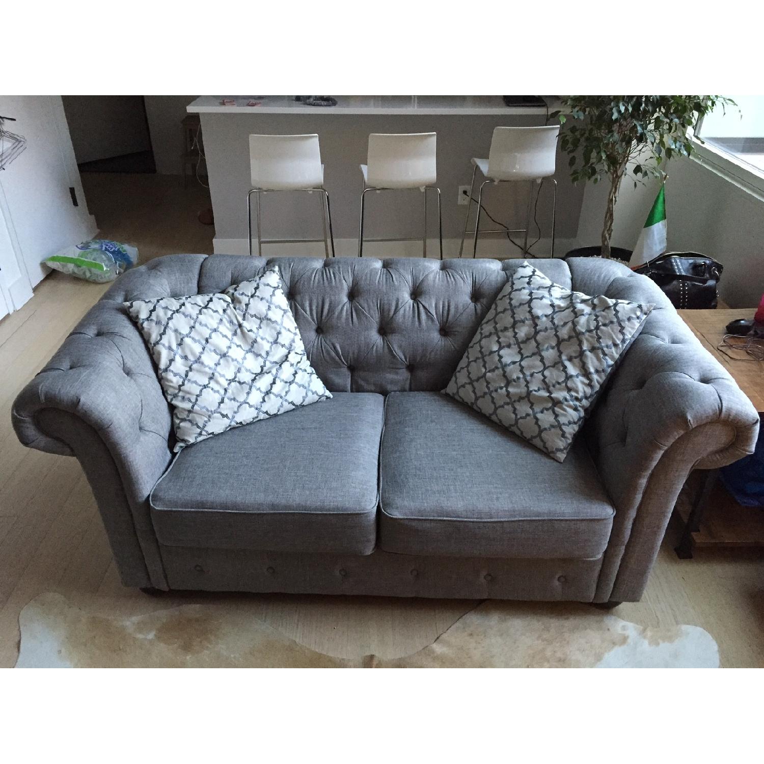 Tribecca Home Knightsbridge Linen Tufted Scroll Arm Chesterfield Loveseat - image-1