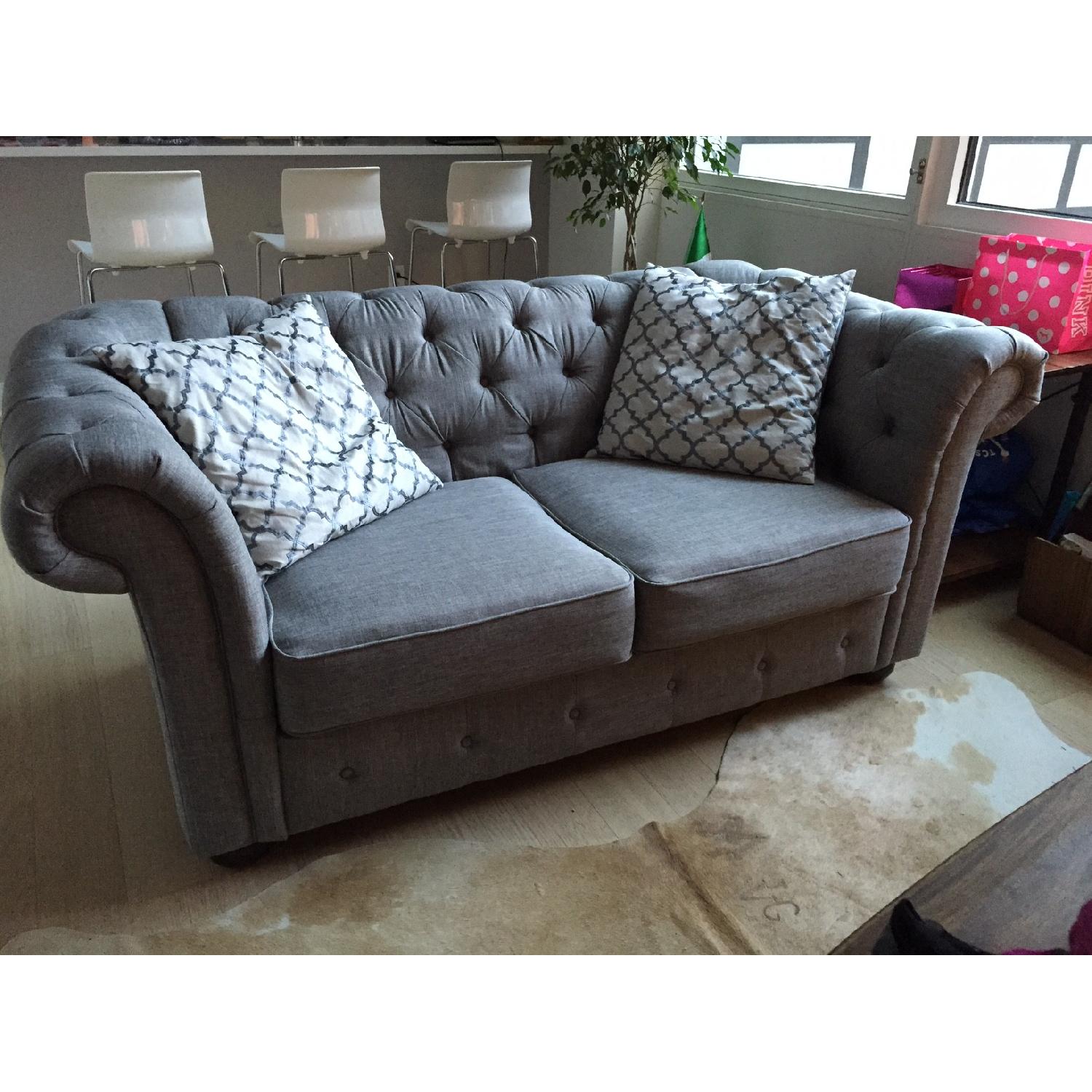 Tribecca Home Knightsbridge Linen Tufted Scroll Arm Chesterfield Loveseat - image-3