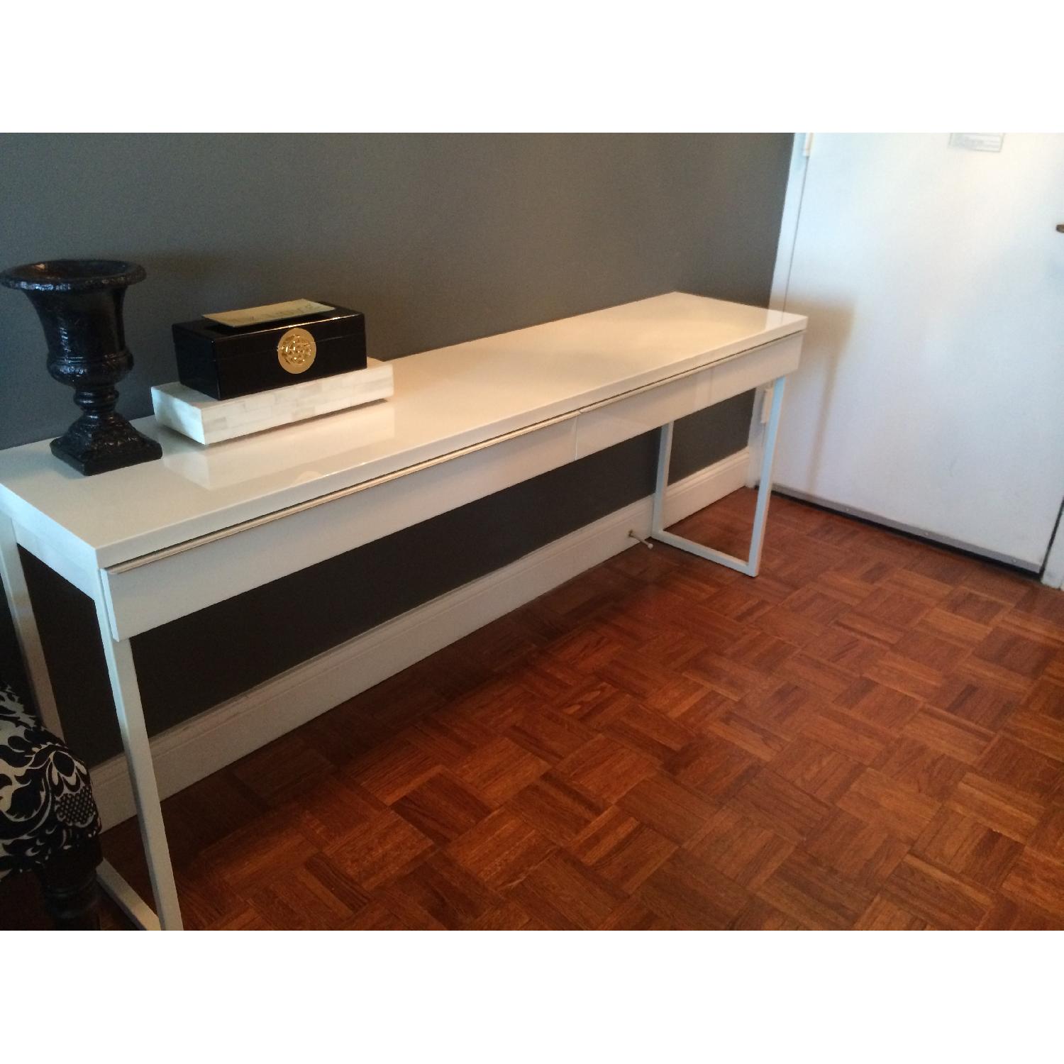 Ikea Bestaburs High Gloss White Desk AptDeco