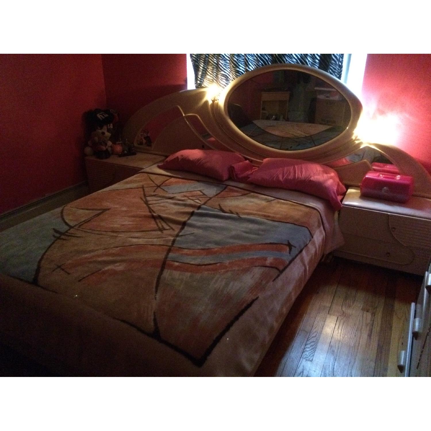 Queen Size Bed Frame w/ Marble Top Nighstands & Mirror/Nightlight Headboard - image-1